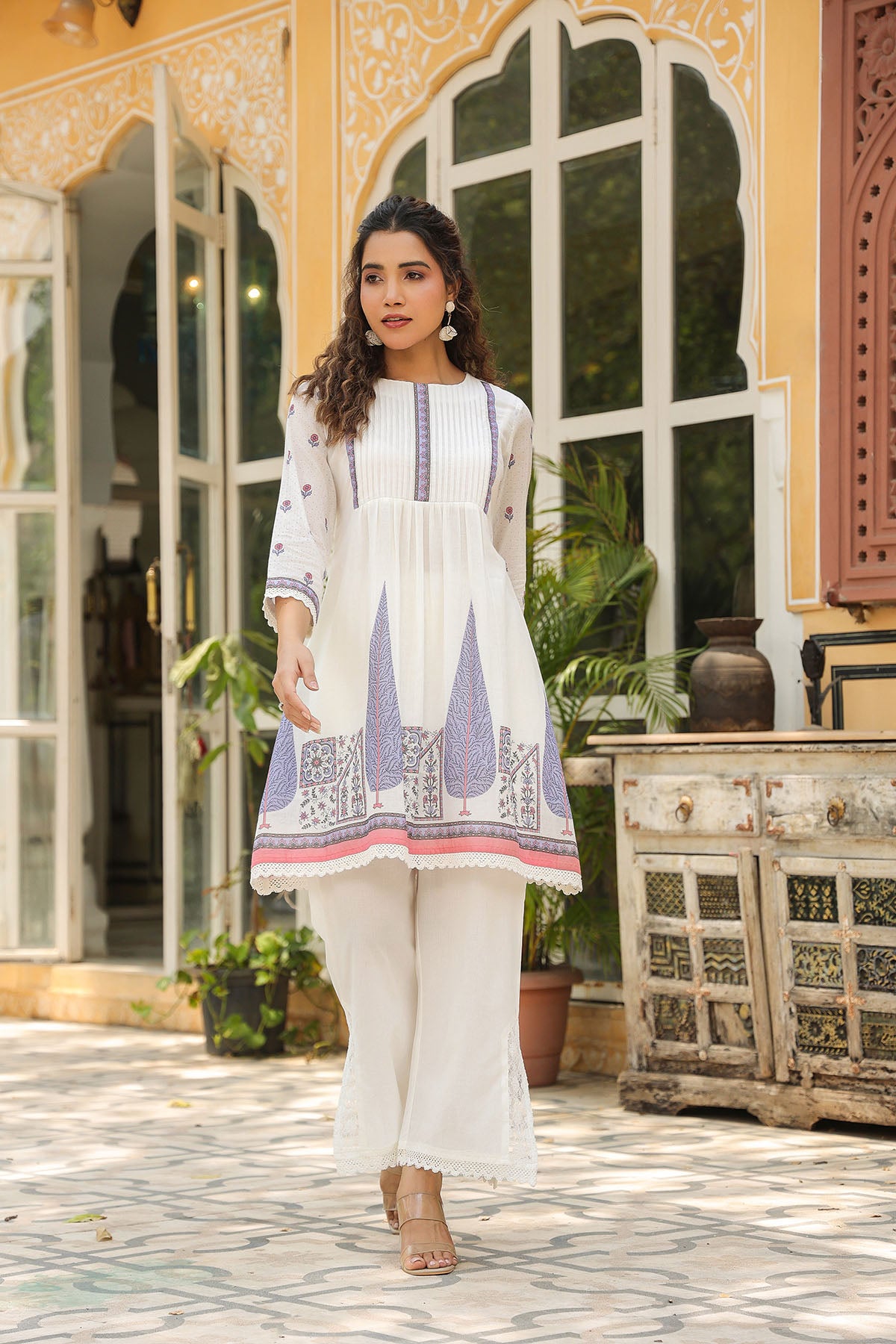White & Purple Cotton Printed Co-Ord Set