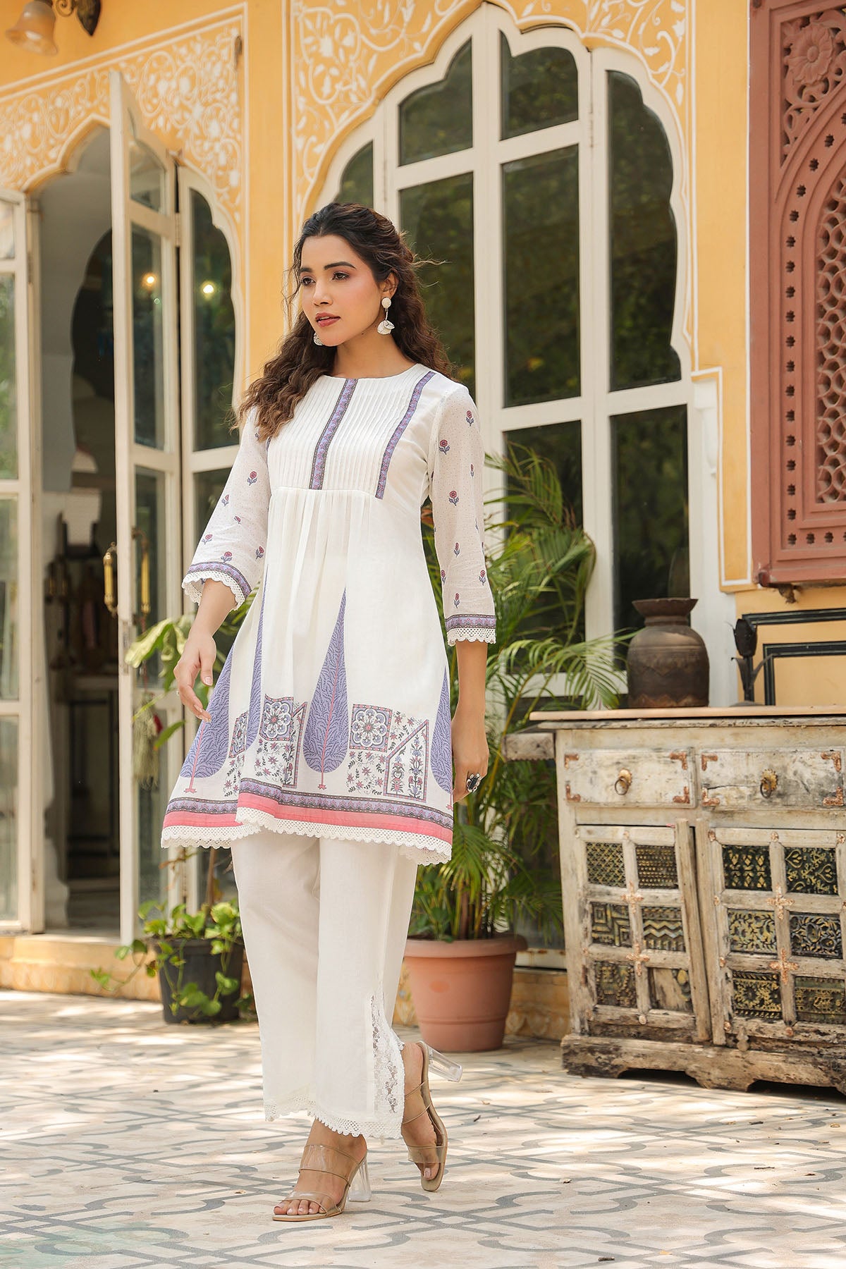 White & Purple Cotton Printed Co-Ord Set