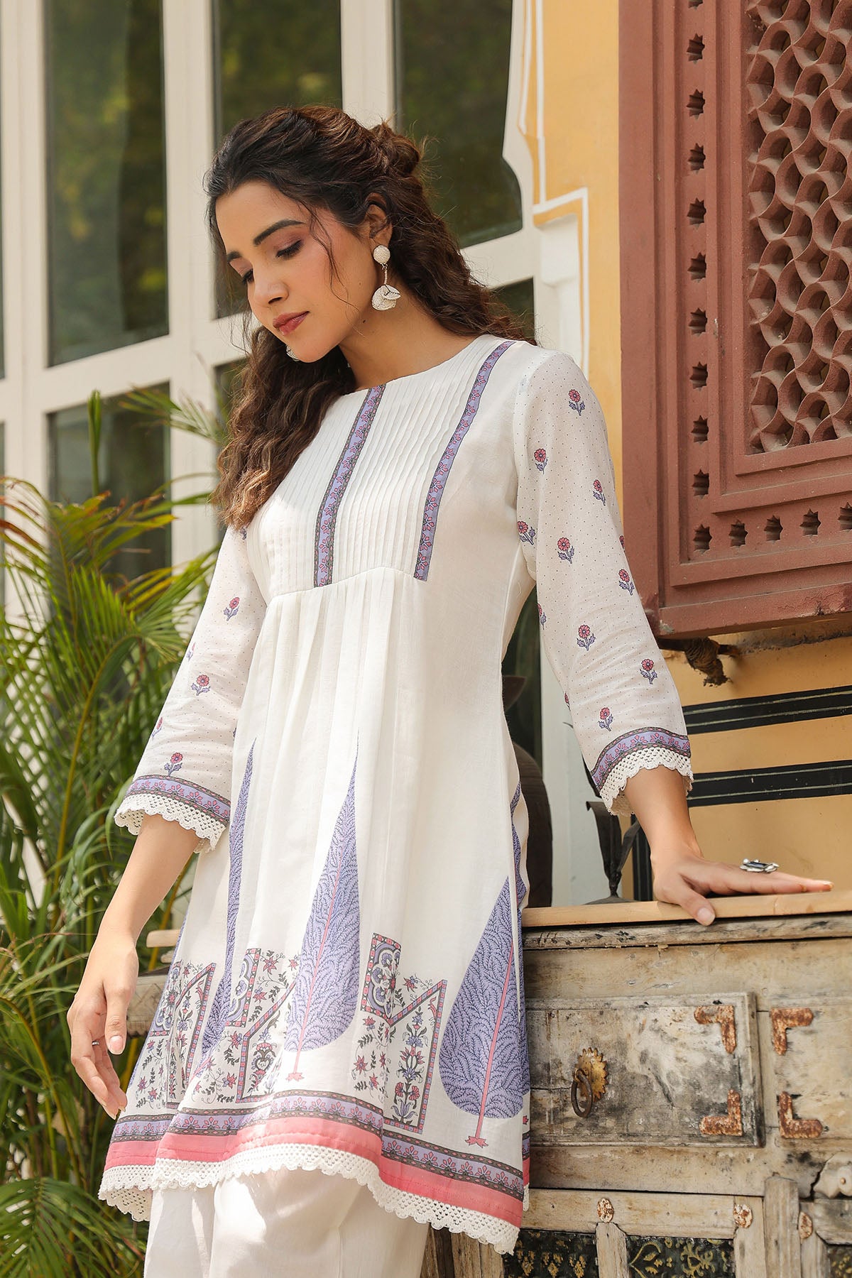 White & Purple Cotton Printed Co-Ord Set