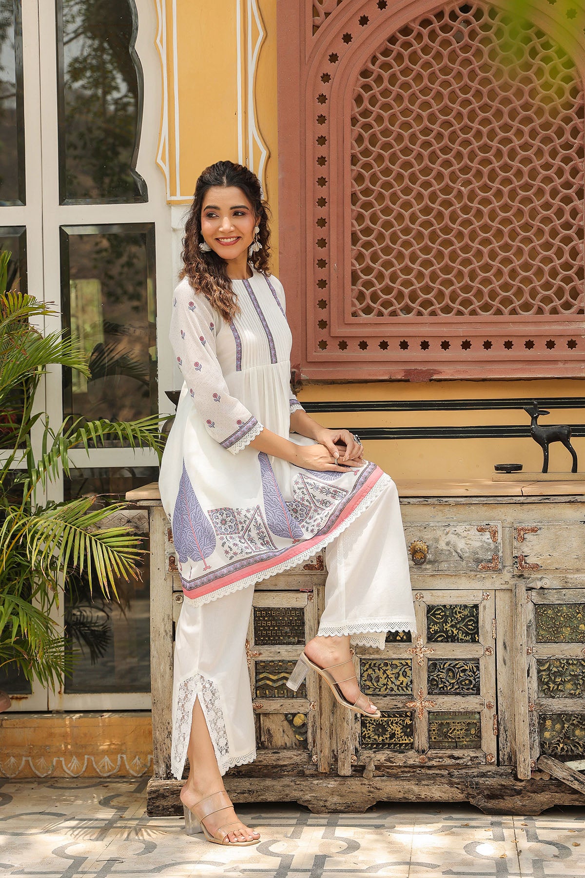 White & Purple Cotton Printed Co-Ord Set