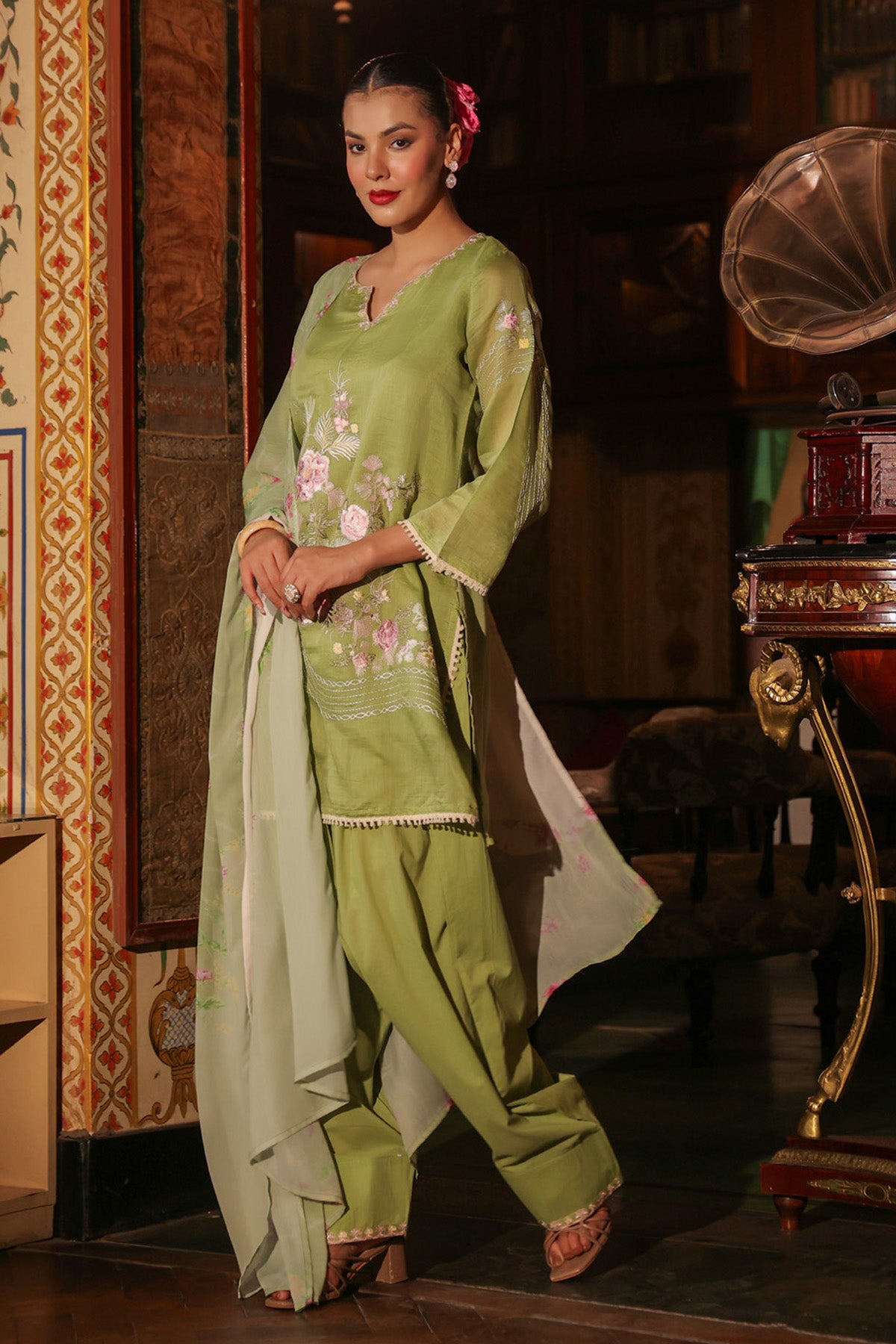 Sage Green Mul Chanderi Embroidered Farshi Suit Set With Dupatta