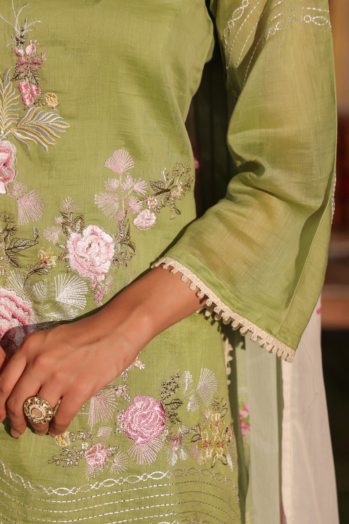 Sage Green Mul Chanderi Embroidered Farshi Suit Set With Dupatta