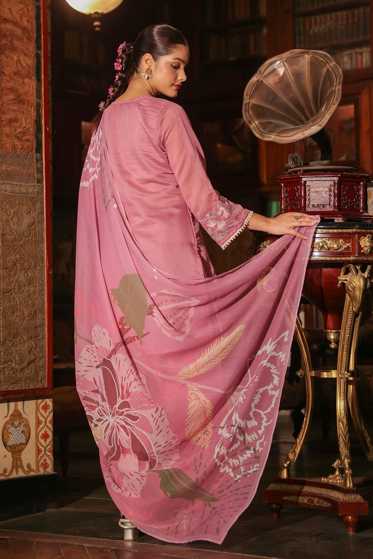 Rose Pink Mul Chanderi Embroidered Farshi Suit Set With Dupatta