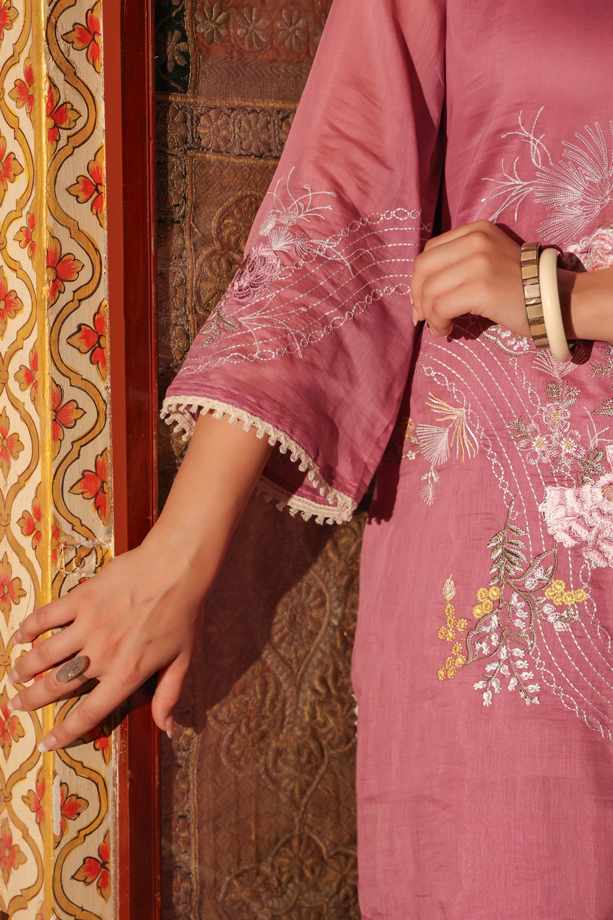 Rose Pink Mul Chanderi Embroidered Farshi Suit Set With Dupatta