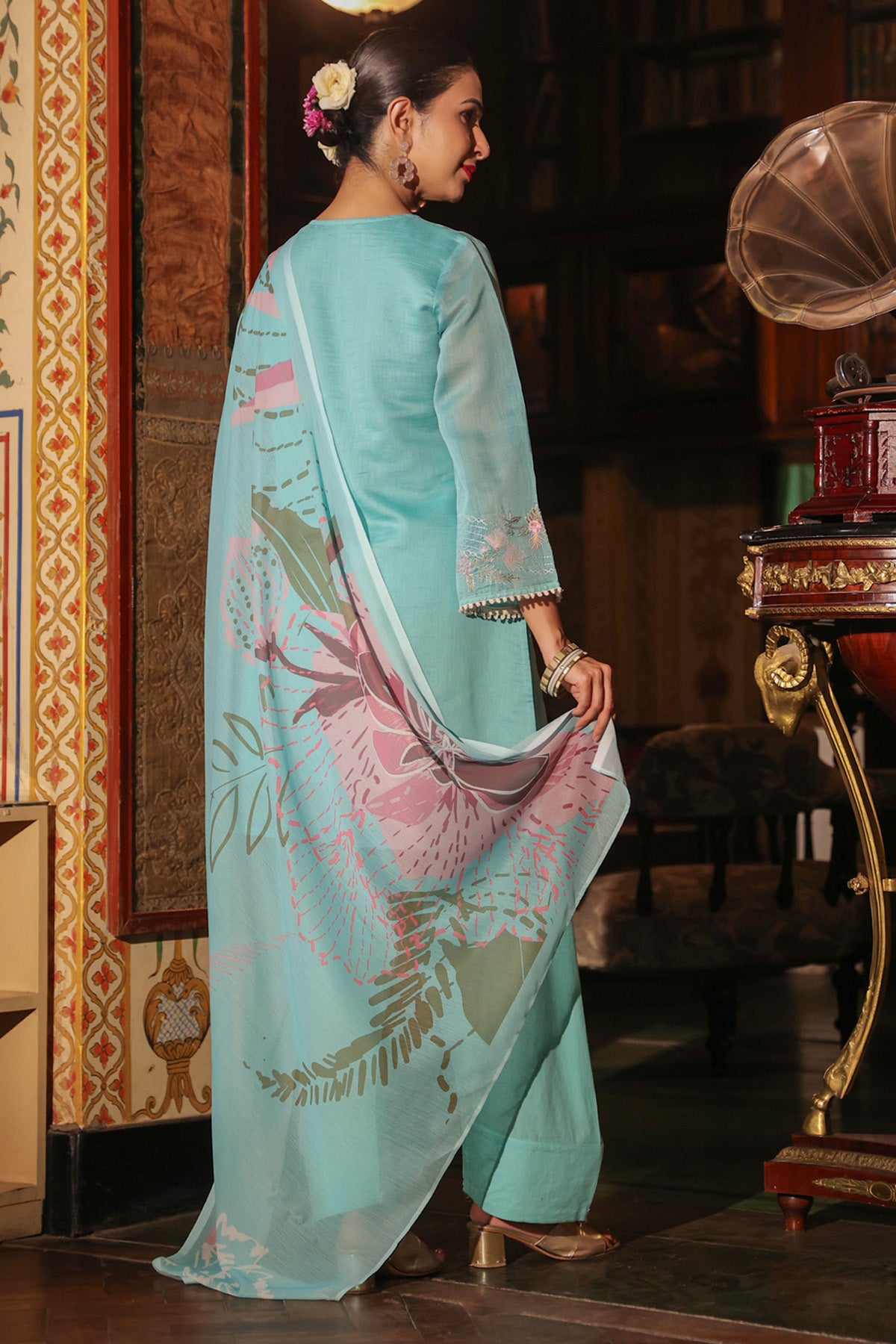 Teal Blue Mul Chanderi Embroidered Farshi Suit Set With Dupatta