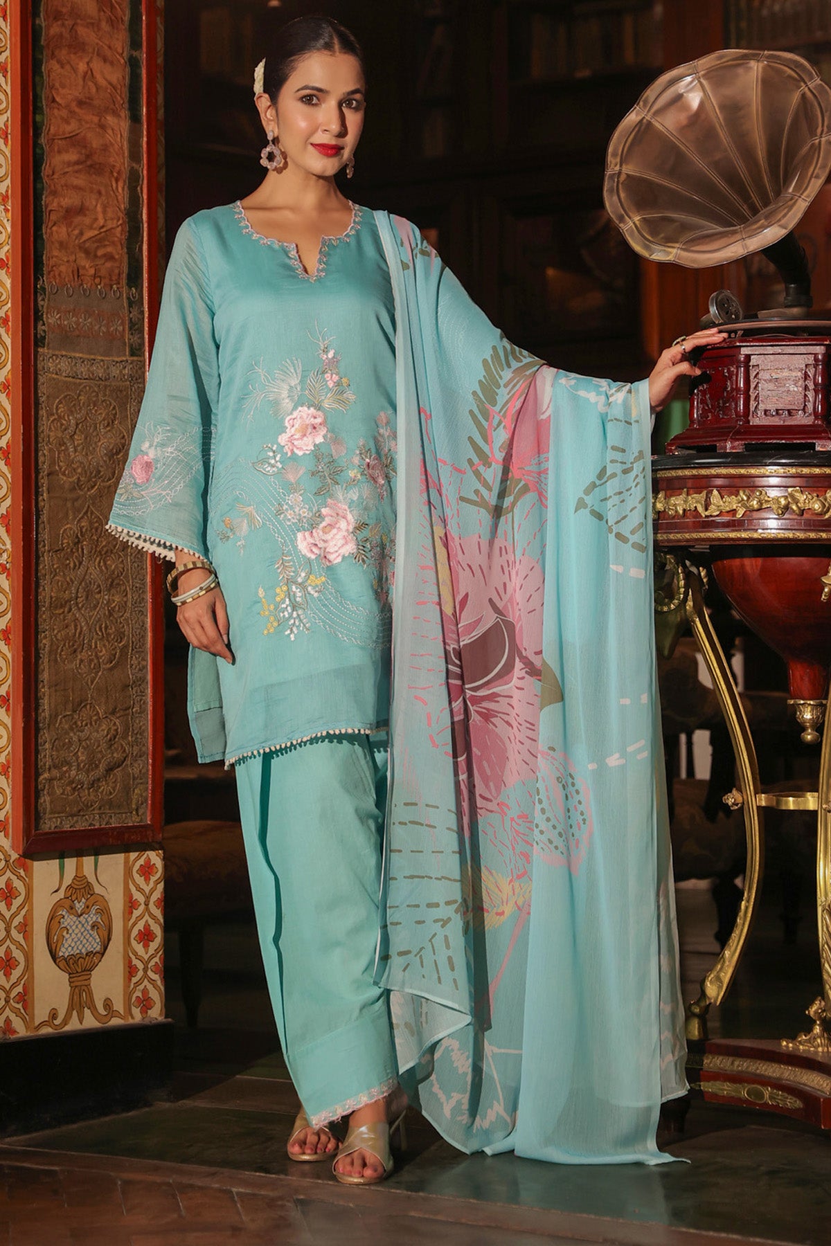 Teal Blue Mul Chanderi Embroidered Farshi Suit Set With Dupatta