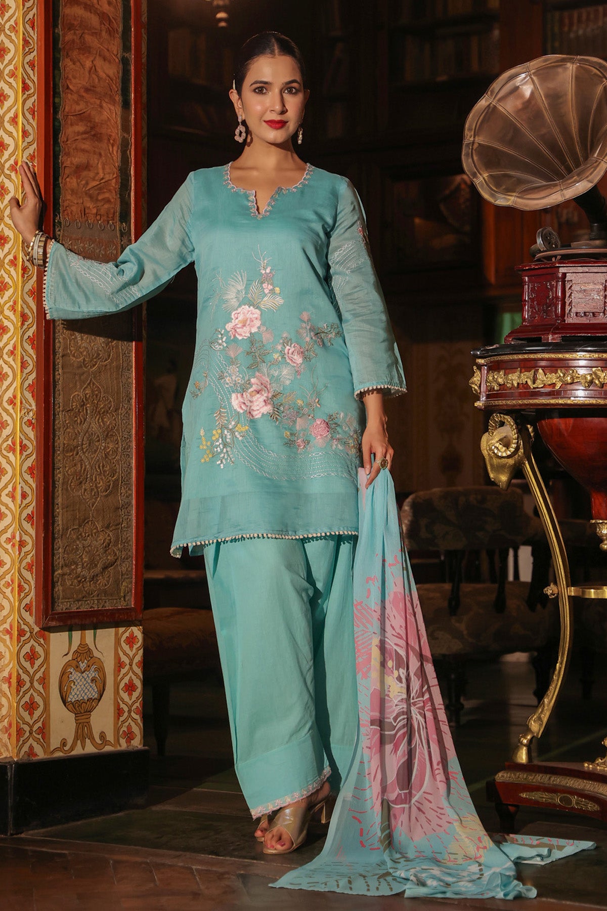 Teal Blue Mul Chanderi Embroidered Farshi Suit Set With Dupatta