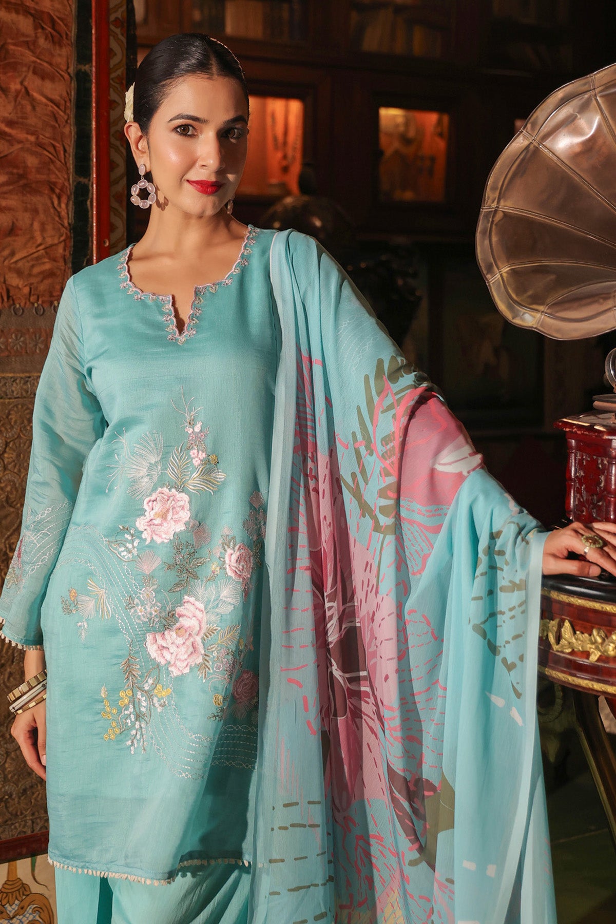 Teal Blue Mul Chanderi Embroidered Farshi Suit Set With Dupatta