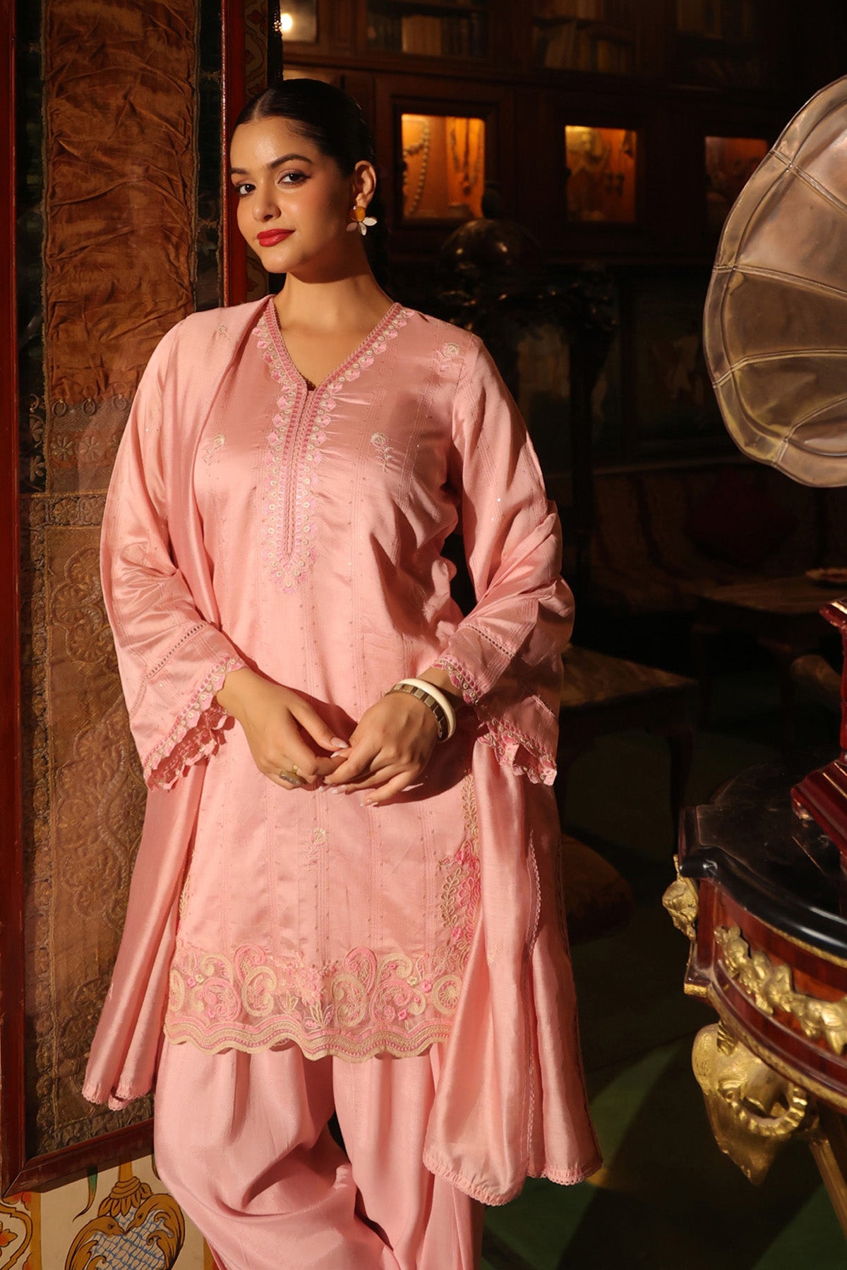 Peach Pink Chanderi Embroidered Farshi Suit Set With Dupatta