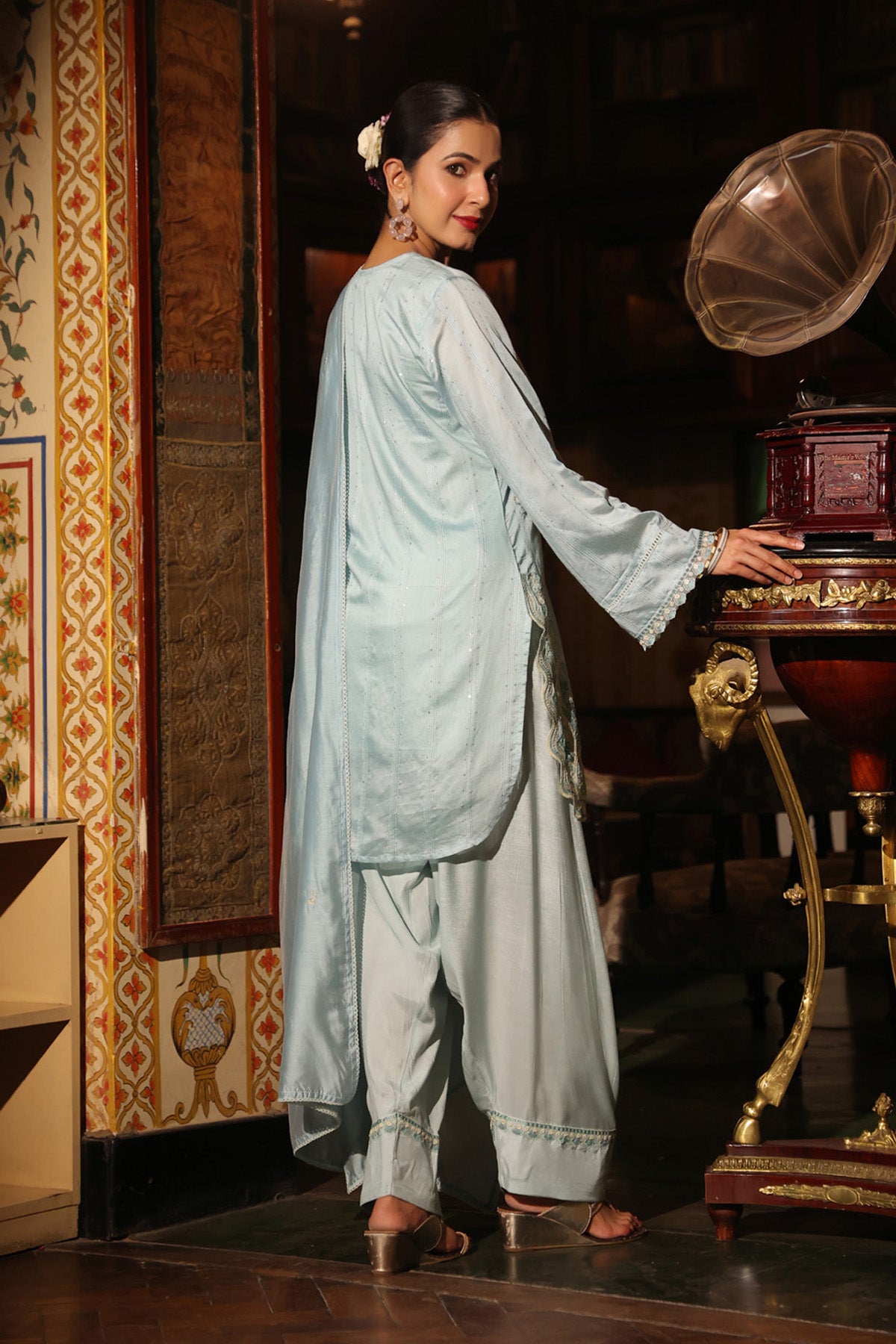 Powder Blue Chanderi Embroidered Farshi Suit Set With Dupatta