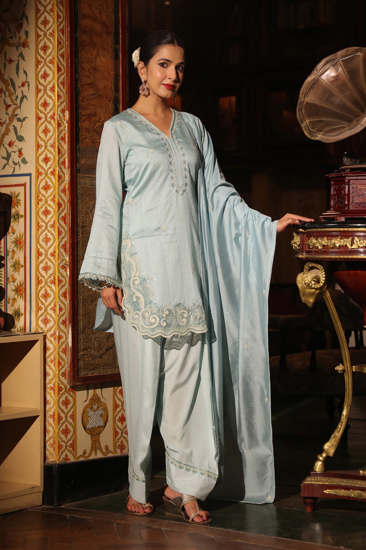Powder Blue Chanderi Embroidered Farshi Suit Set With Dupatta