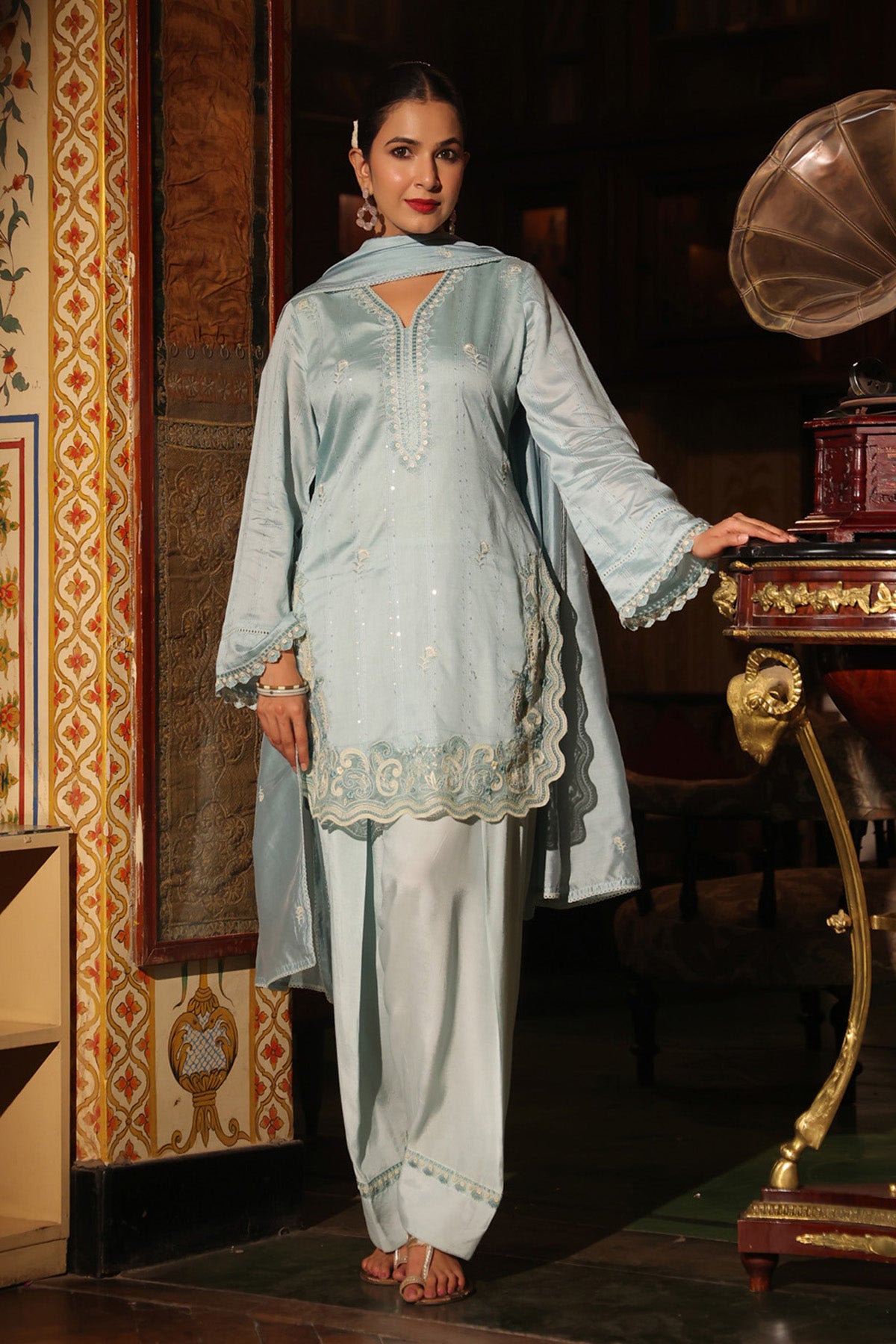 Powder Blue Chanderi Embroidered Farshi Suit Set With Dupatta