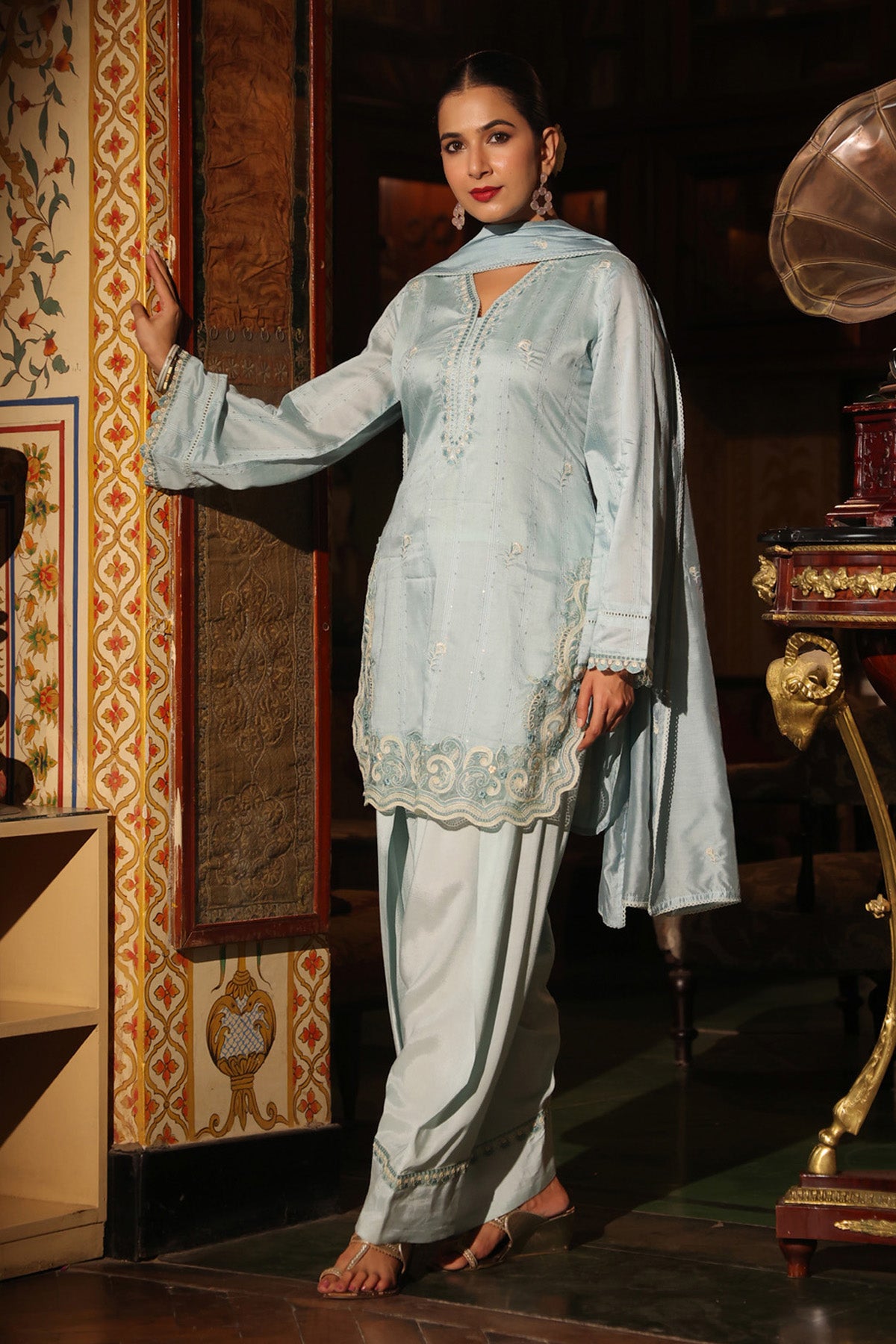 Powder Blue Chanderi Embroidered Farshi Suit Set With Dupatta