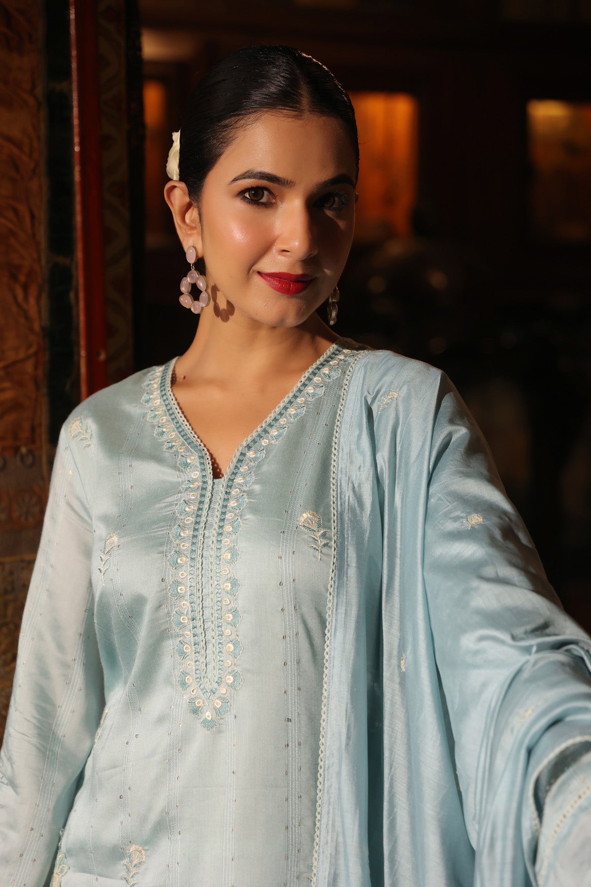 Powder Blue Chanderi Embroidered Farshi Suit Set With Dupatta