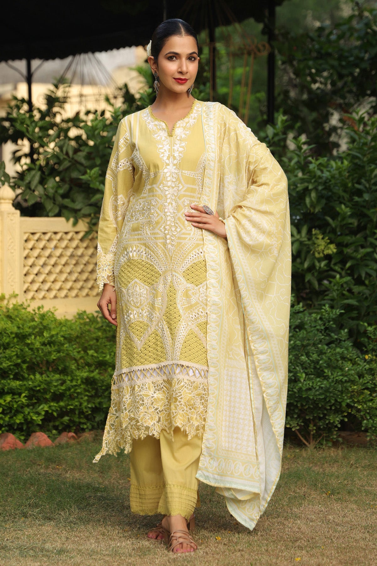 Pastel Yellow Cotton Embroidered Pakistani Straight Suit Set With Dupatta