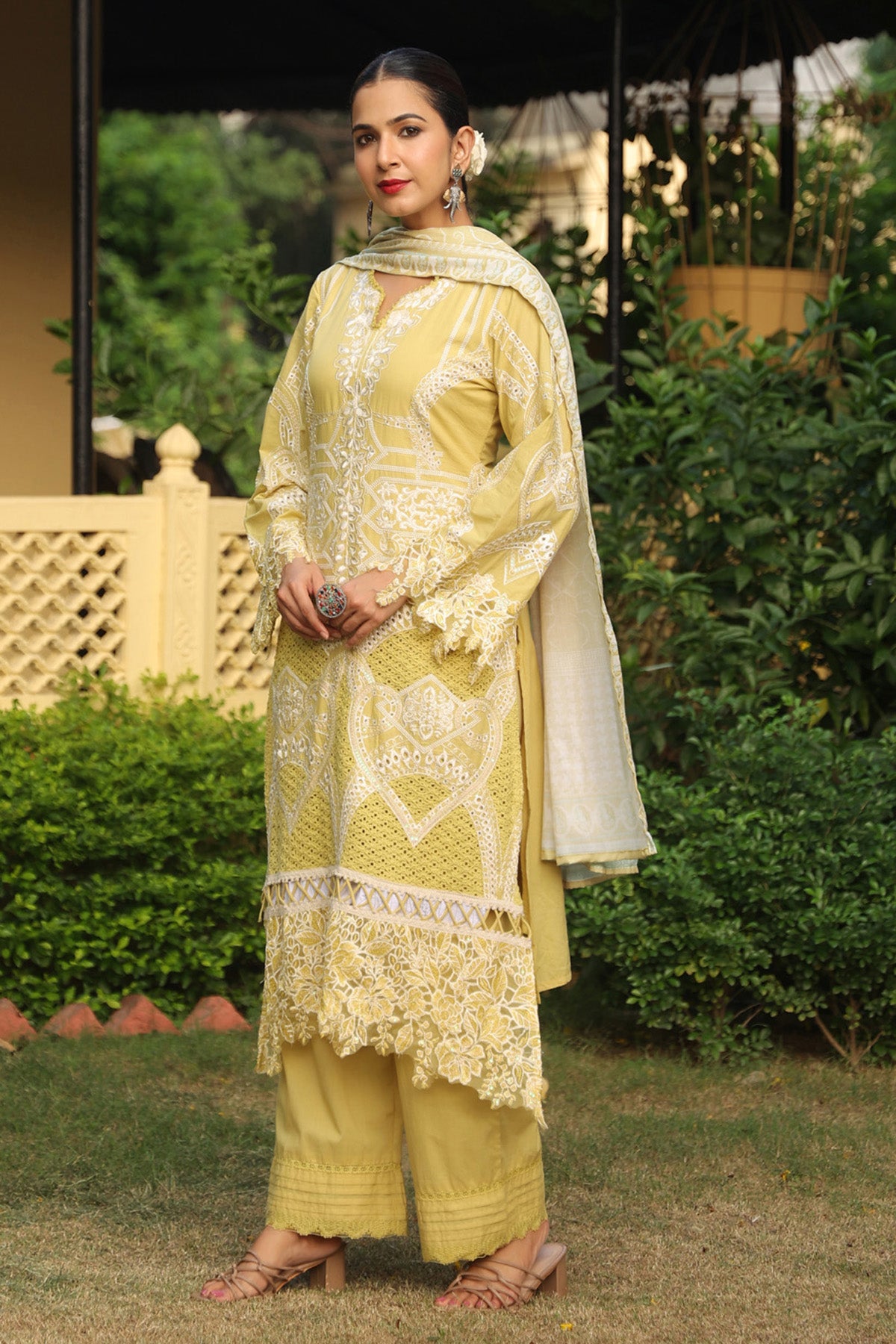 Pastel Yellow Cotton Embroidered Pakistani Straight Suit Set With Dupatta