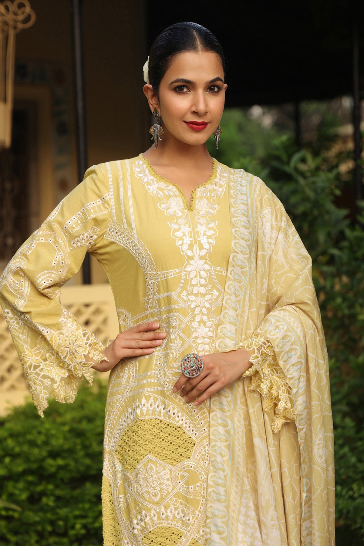Pastel Yellow Cotton Embroidered Pakistani Straight Suit Set With Dupatta