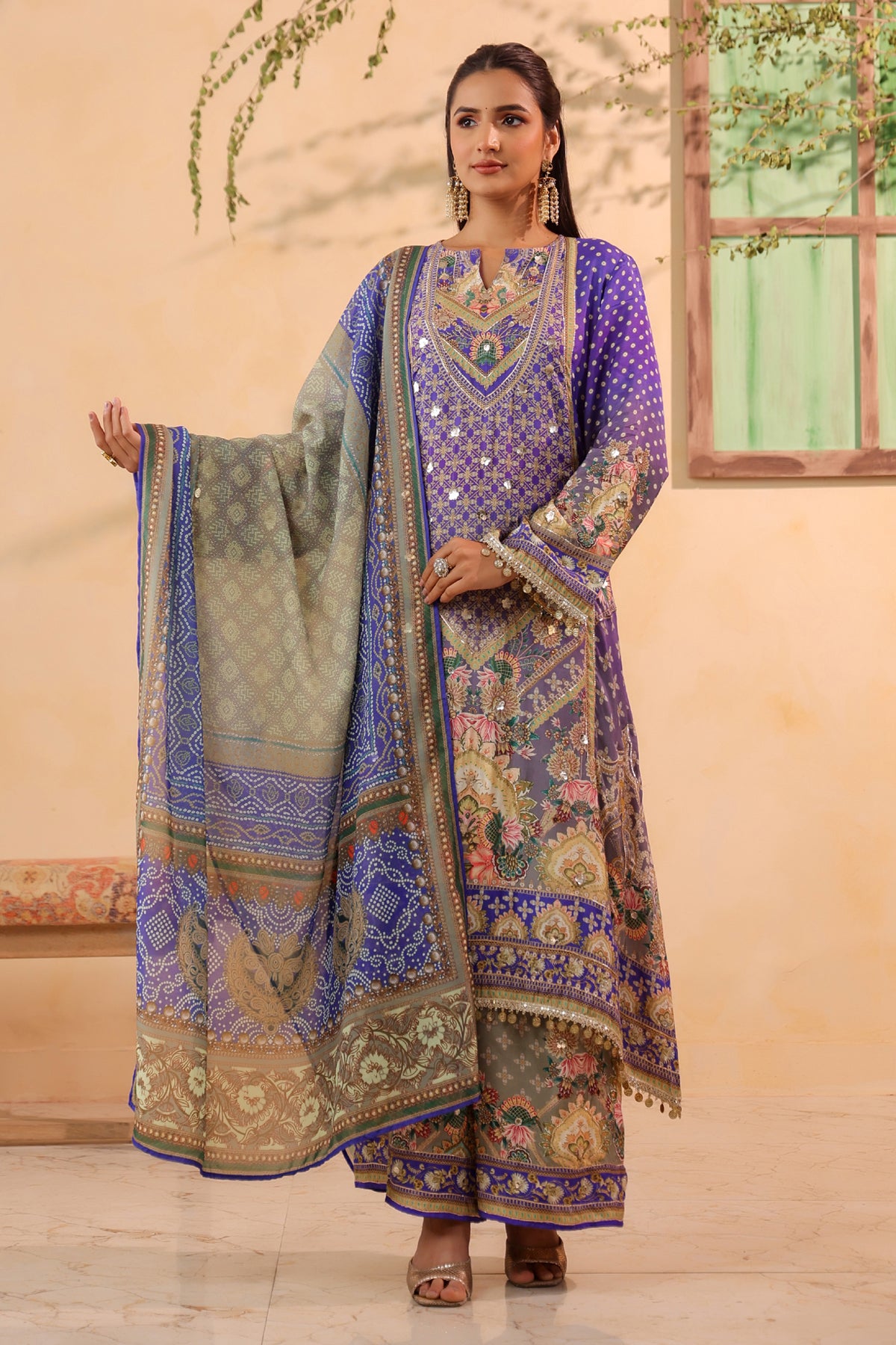Purple Muslin Embroidered Suit Set