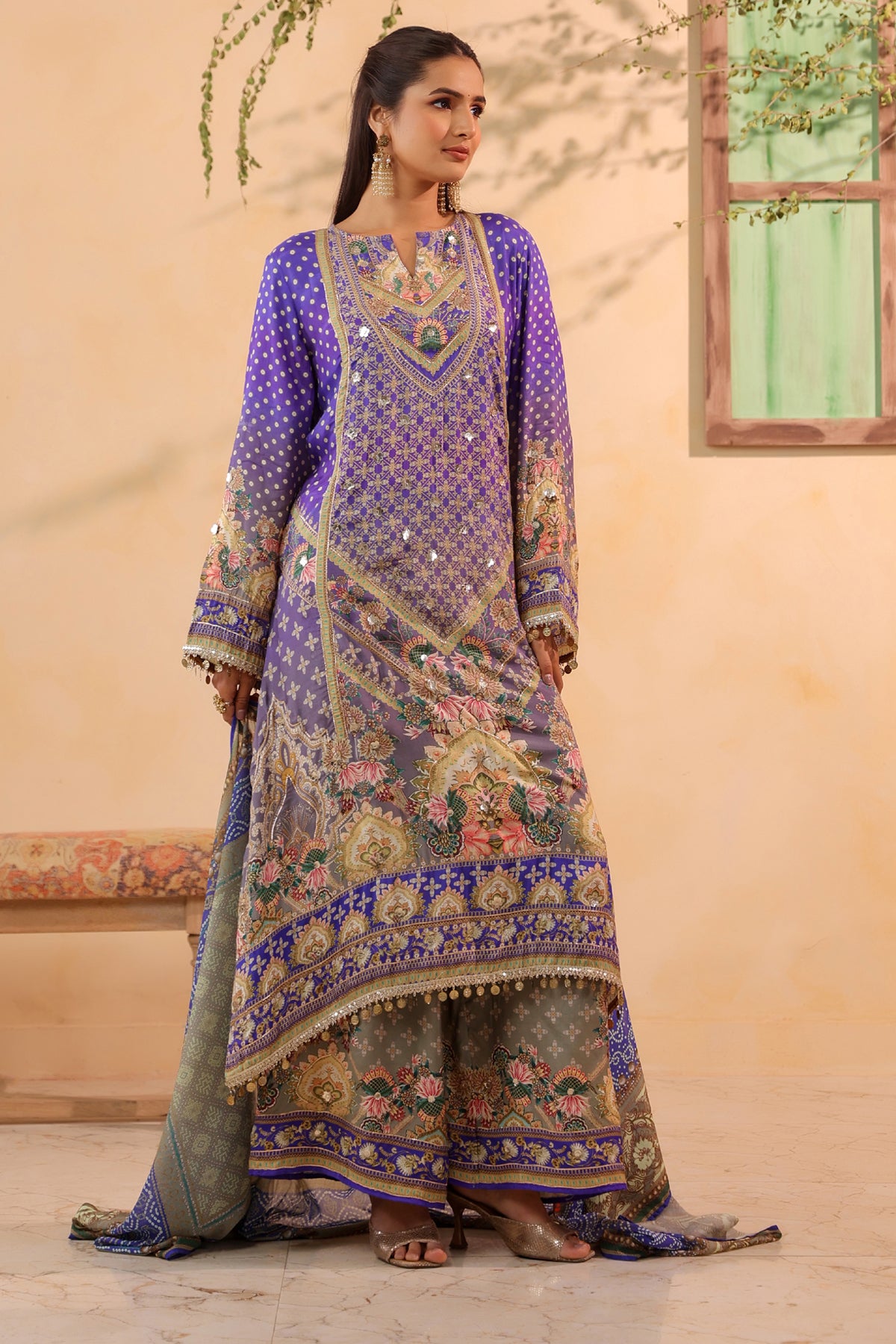 Purple Muslin Embroidered Suit Set