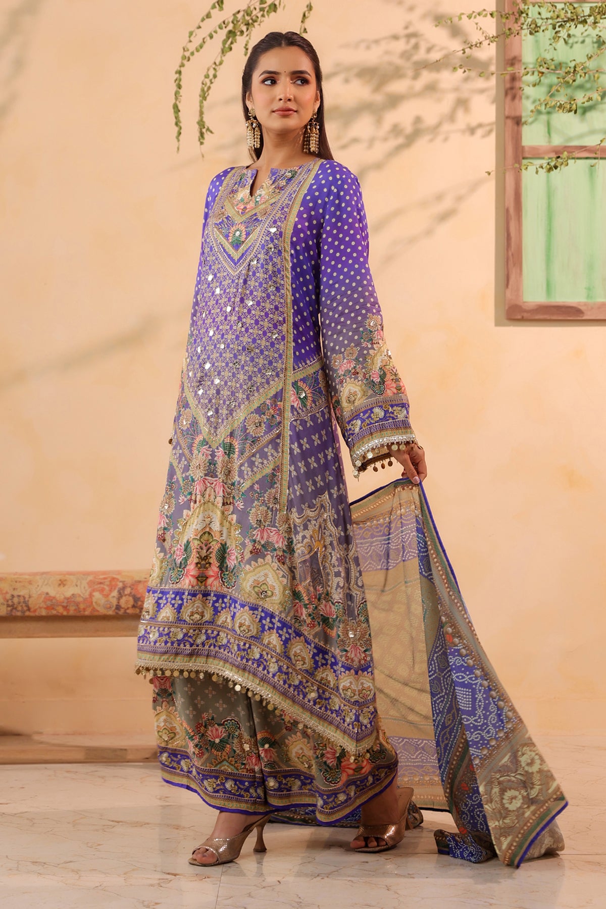 Purple Muslin Embroidered Suit Set