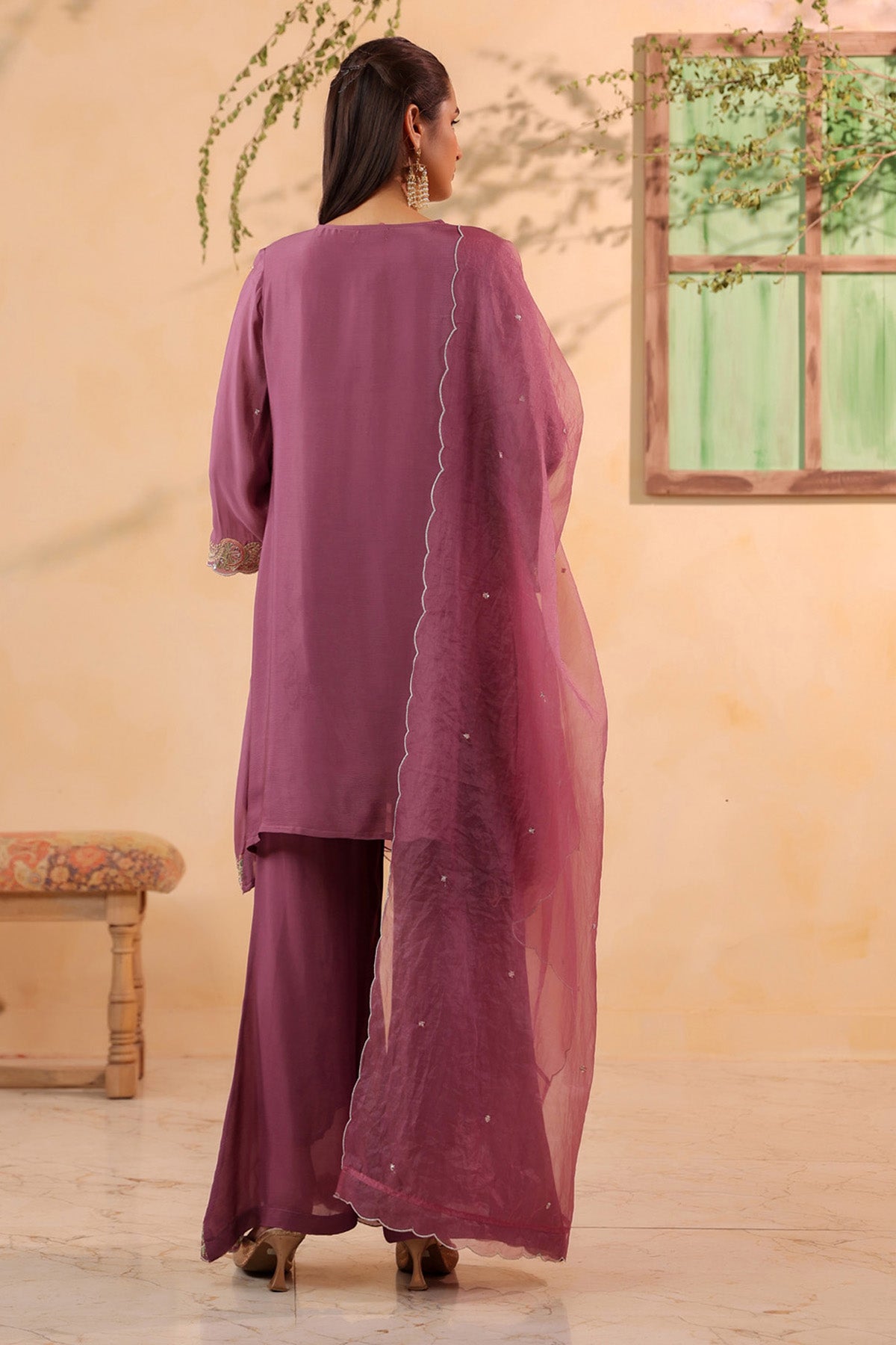 Mauve Chinon Silk Embroidered Suit Set With Dupatta