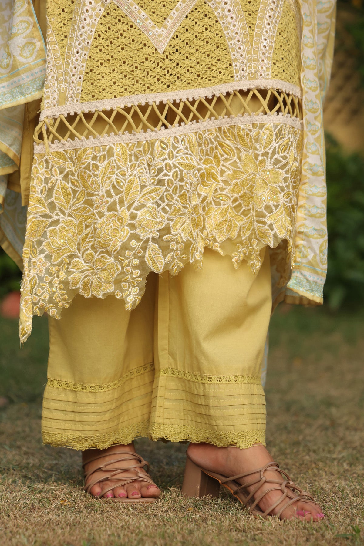 Pastel Yellow Cotton Embroidered Pakistani Straight Suit Set With Dupatta