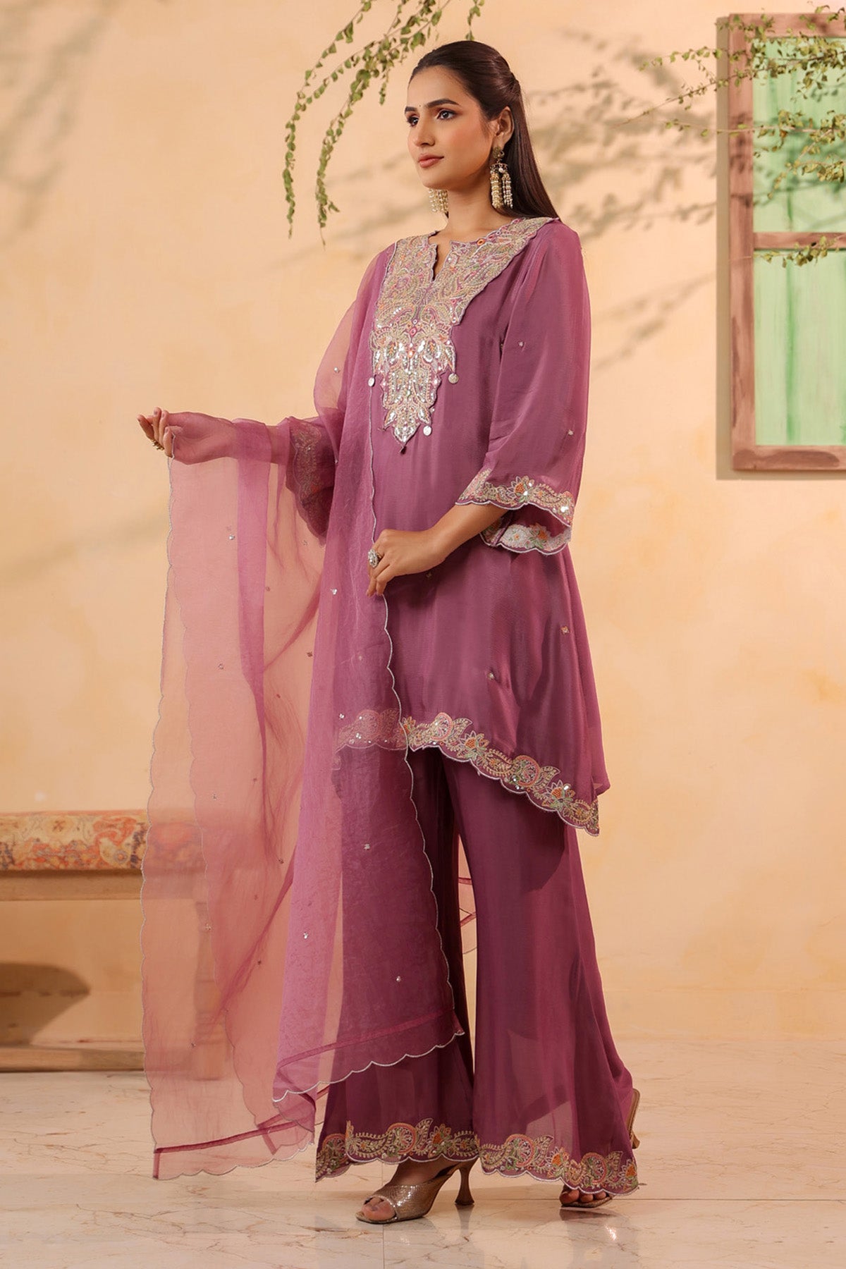 Mauve Chinon Silk Embroidered Suit Set With Dupatta