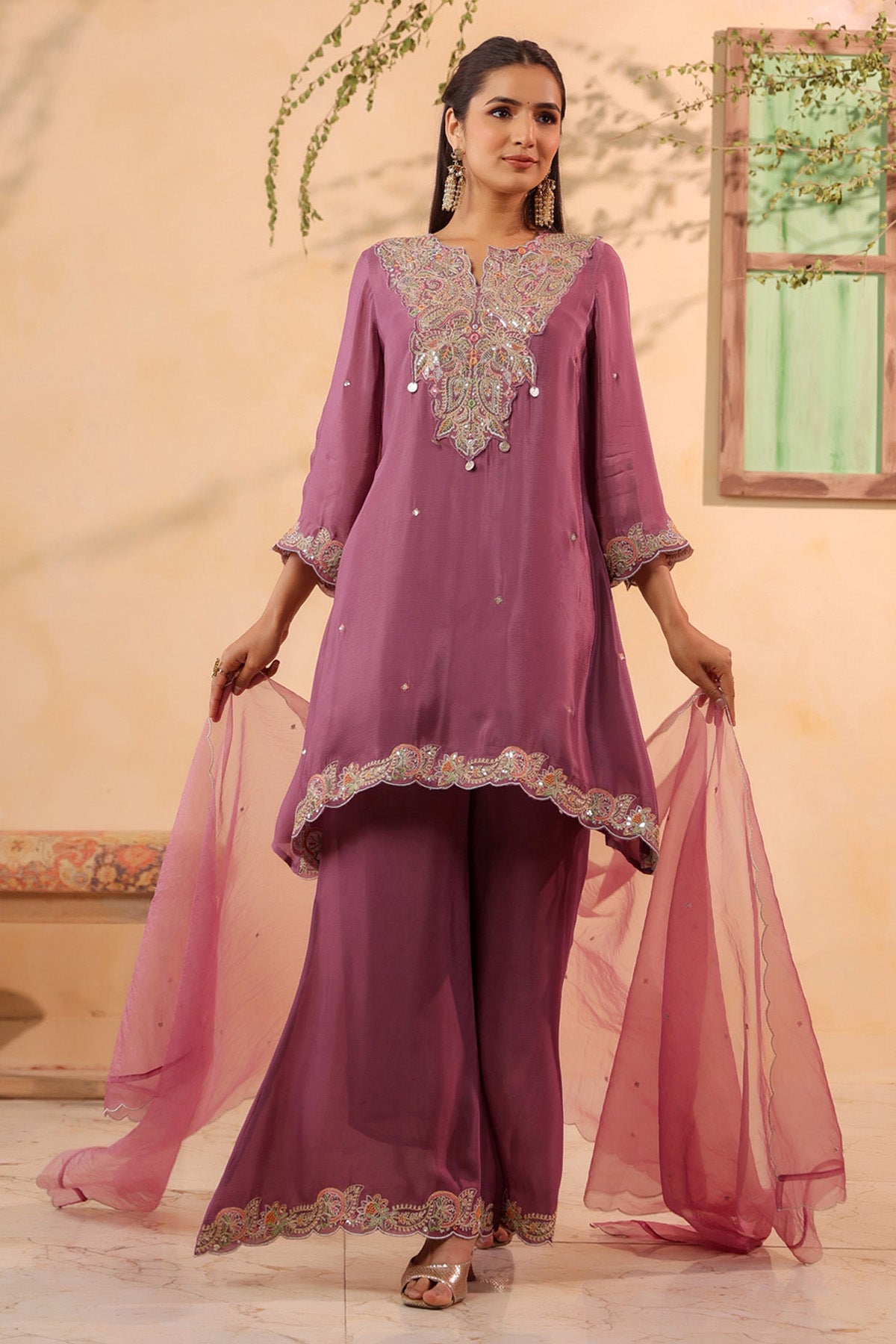 Pink Chinon Silk Embroidered Suit Set With Dupatta