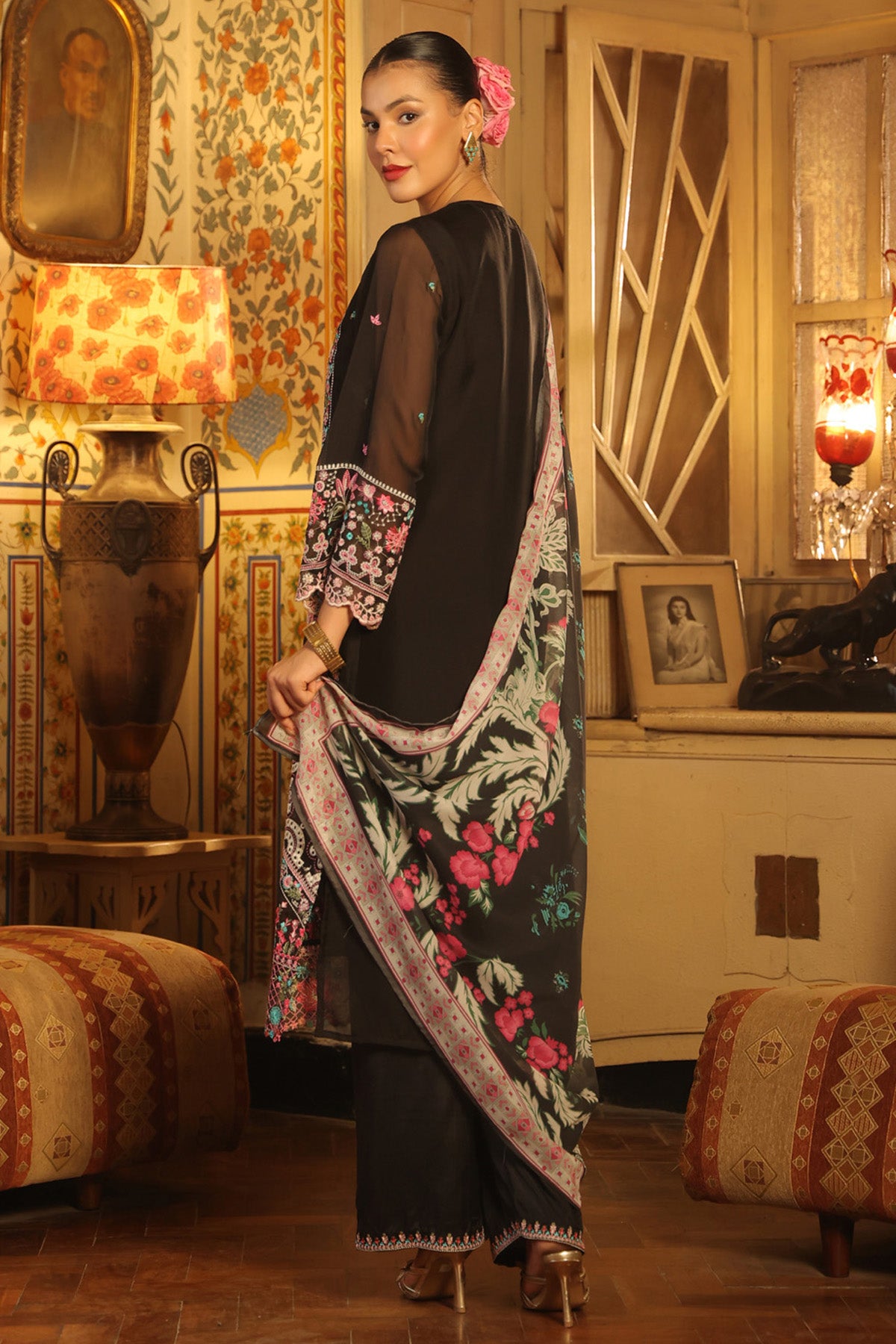 Black Organza Embroidered Straight Suit Set With Dupatta