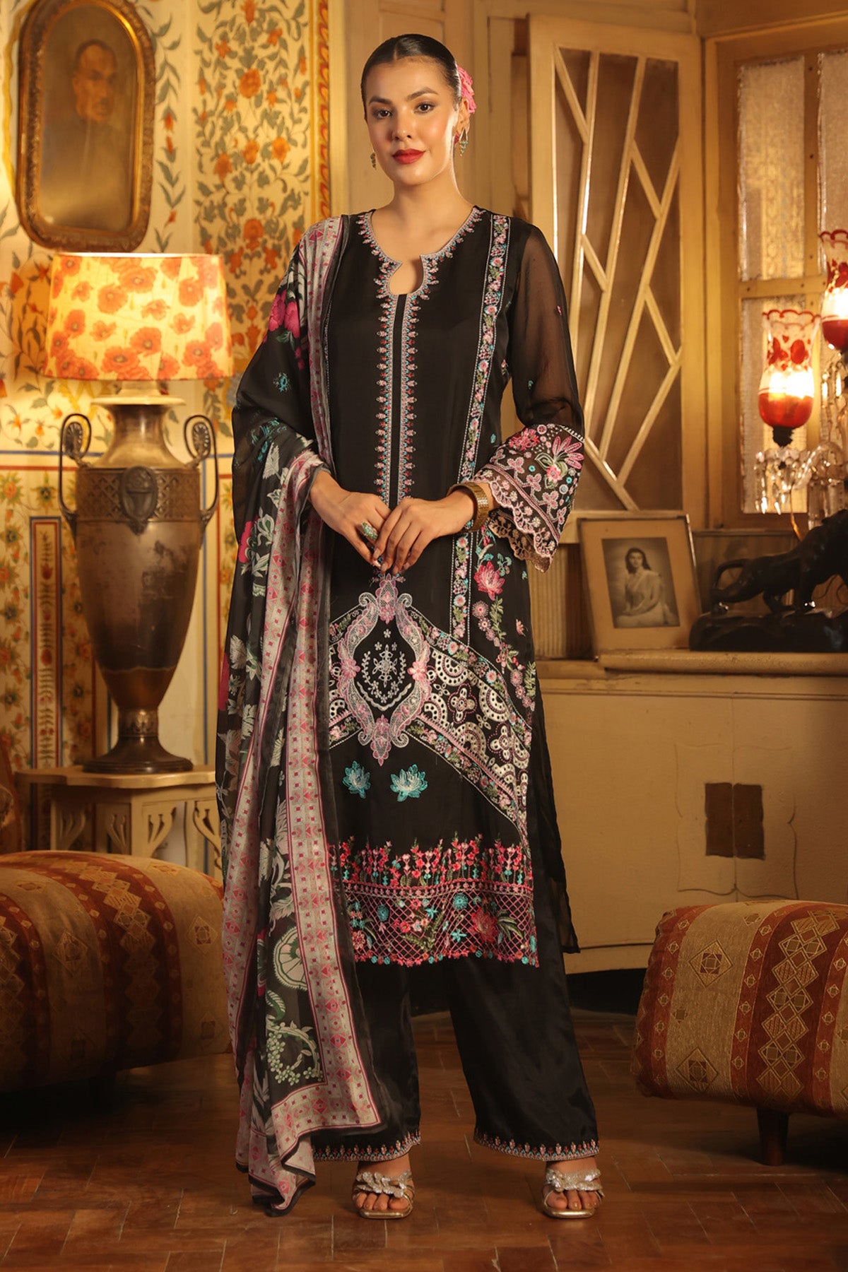 Black Organza Embroidered Straight Suit Set With Dupatta