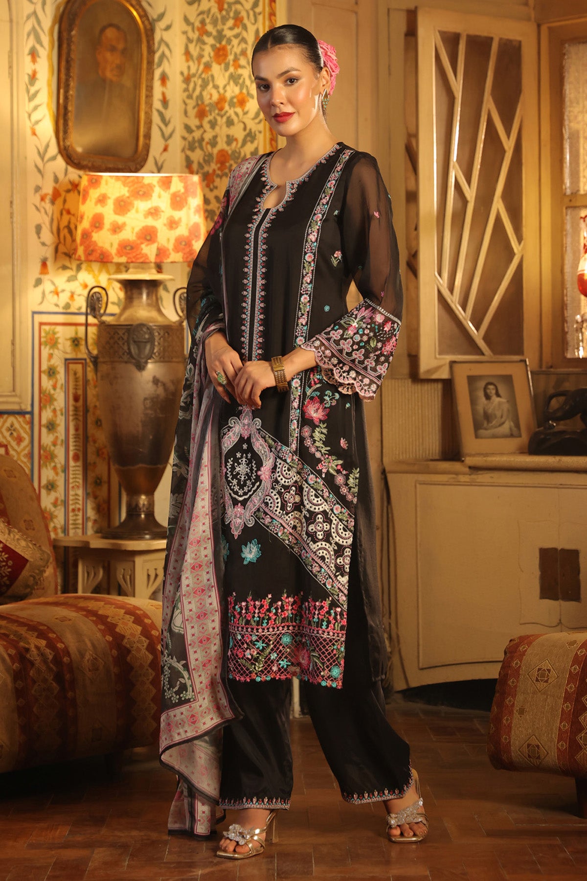 Black Organza Embroidered Straight Suit Set With Dupatta