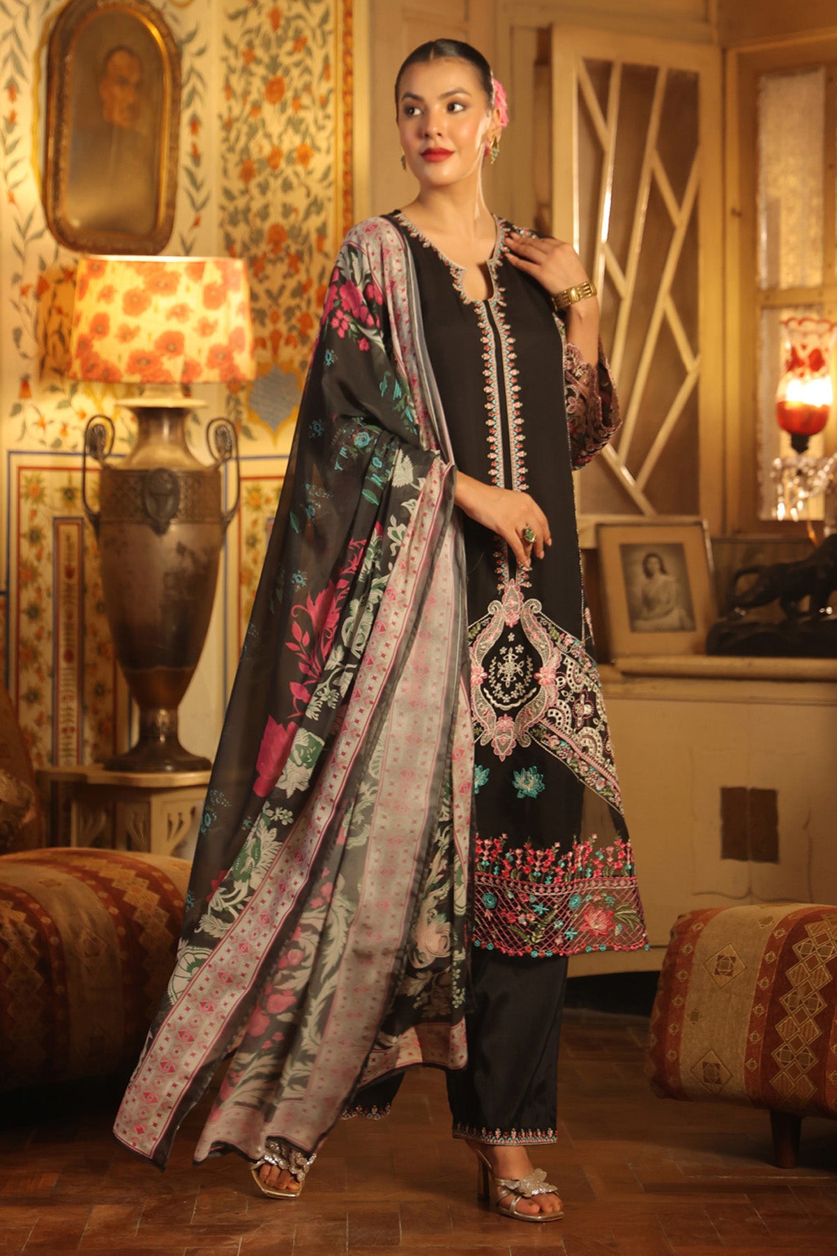 Black Organza Embroidered Straight Suit Set With Dupatta