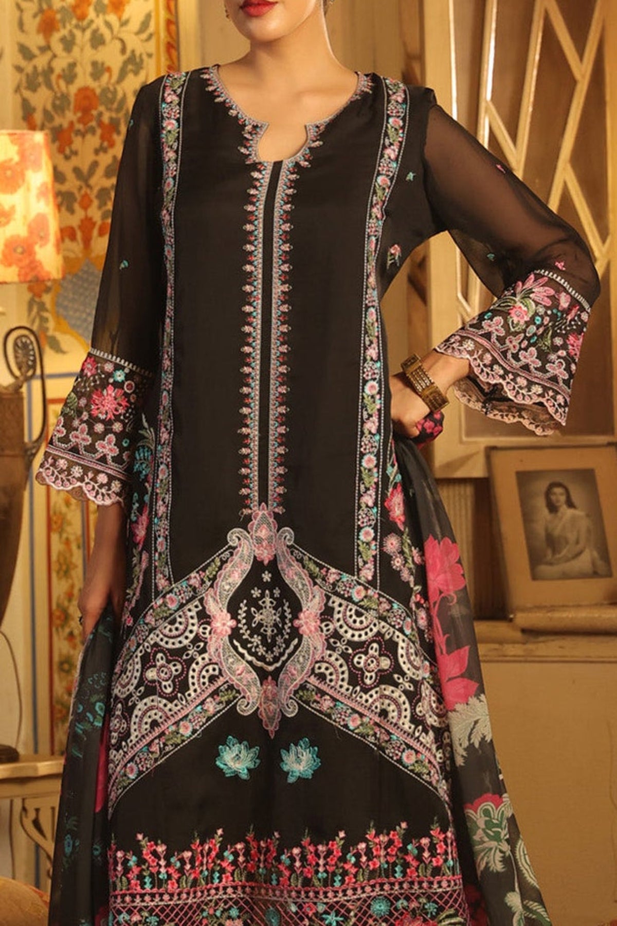 Black Organza Embroidered Straight Suit Set With Dupatta