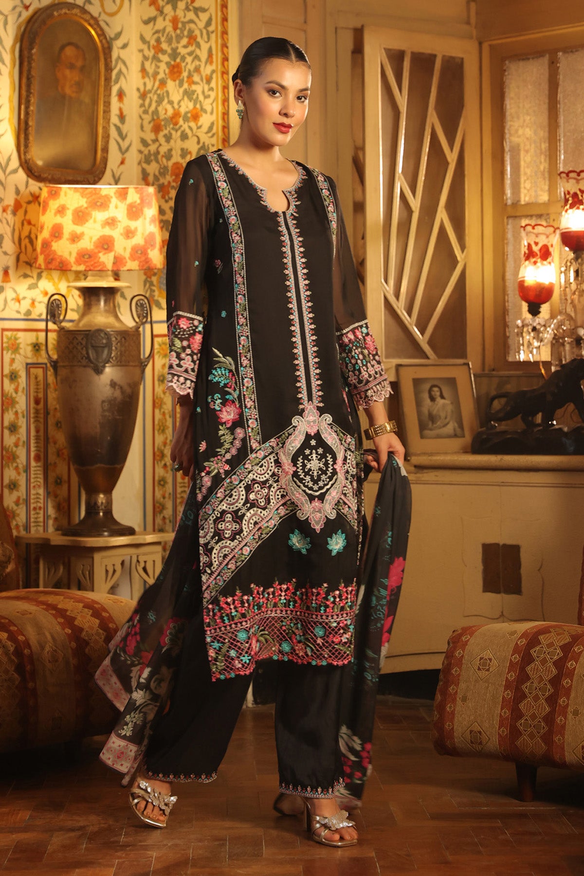 Black Organza Embroidered Straight Suit Set With Dupatta
