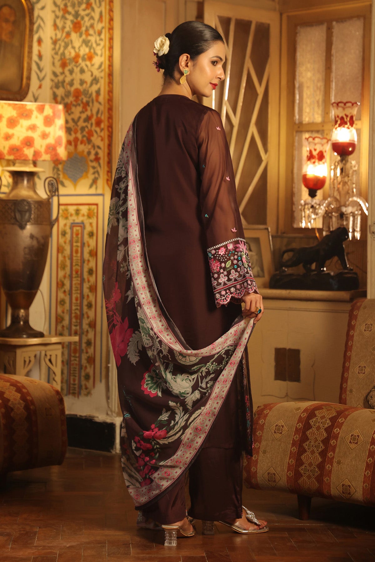 Deep Burgundy Organza Embroidered Straight Suit Set With Dupatta