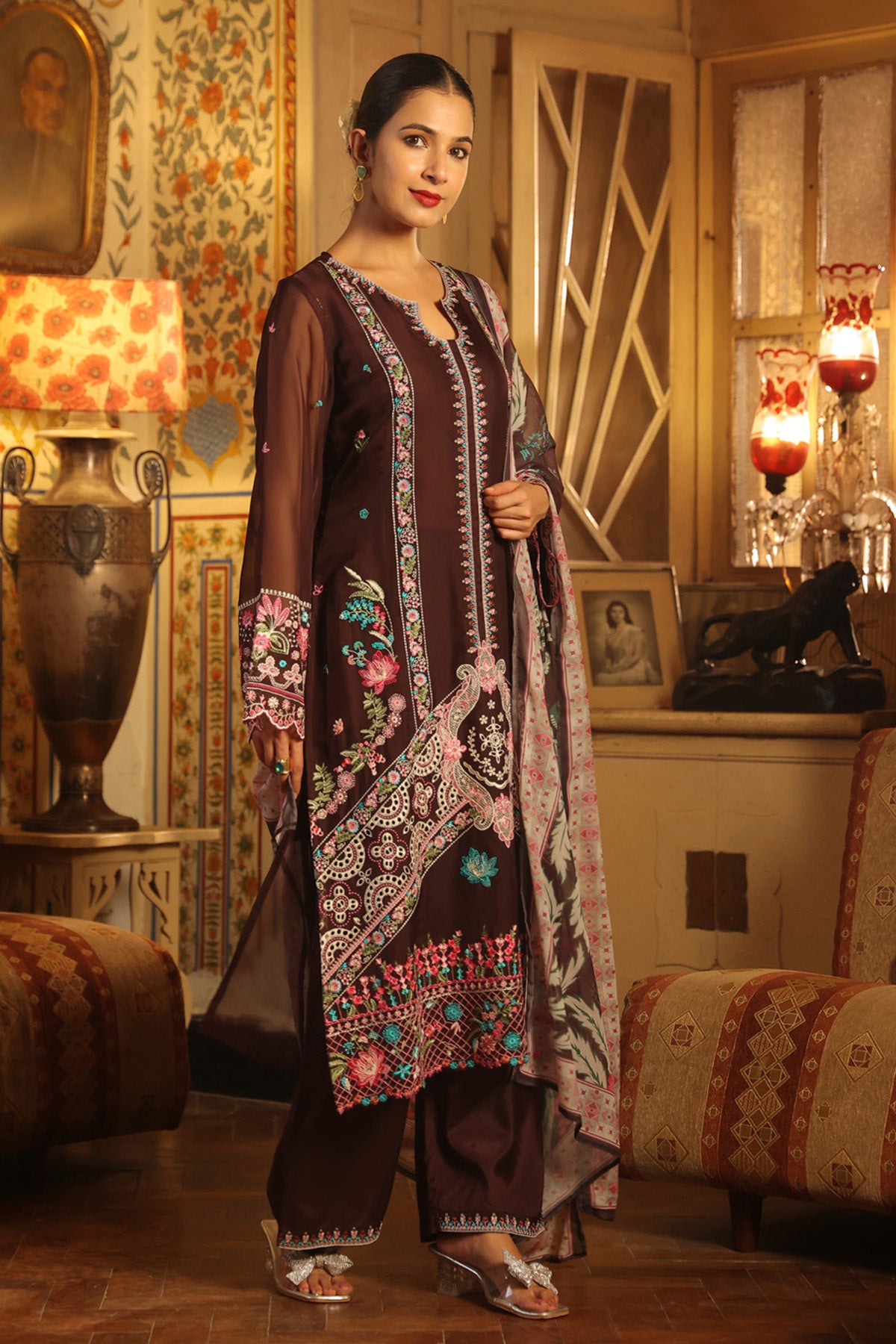 Deep Burgundy Organza Embroidered Straight Suit Set With Dupatta