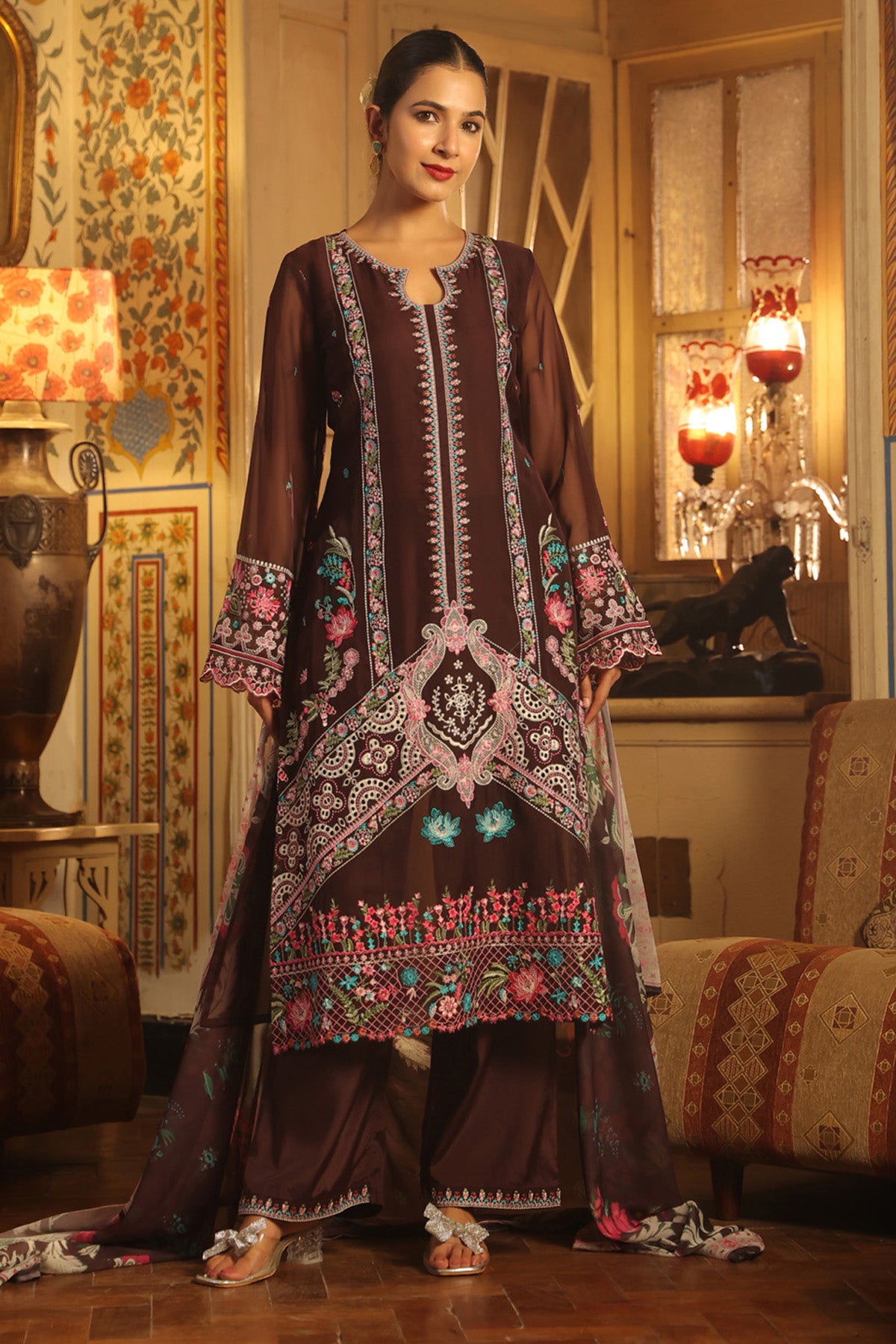 Deep Burgundy Organza Embroidered Straight Suit Set With Dupatta