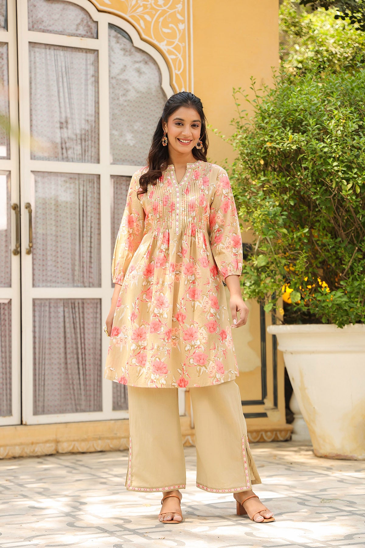 Beige Floral Cotton Co-Ord Set