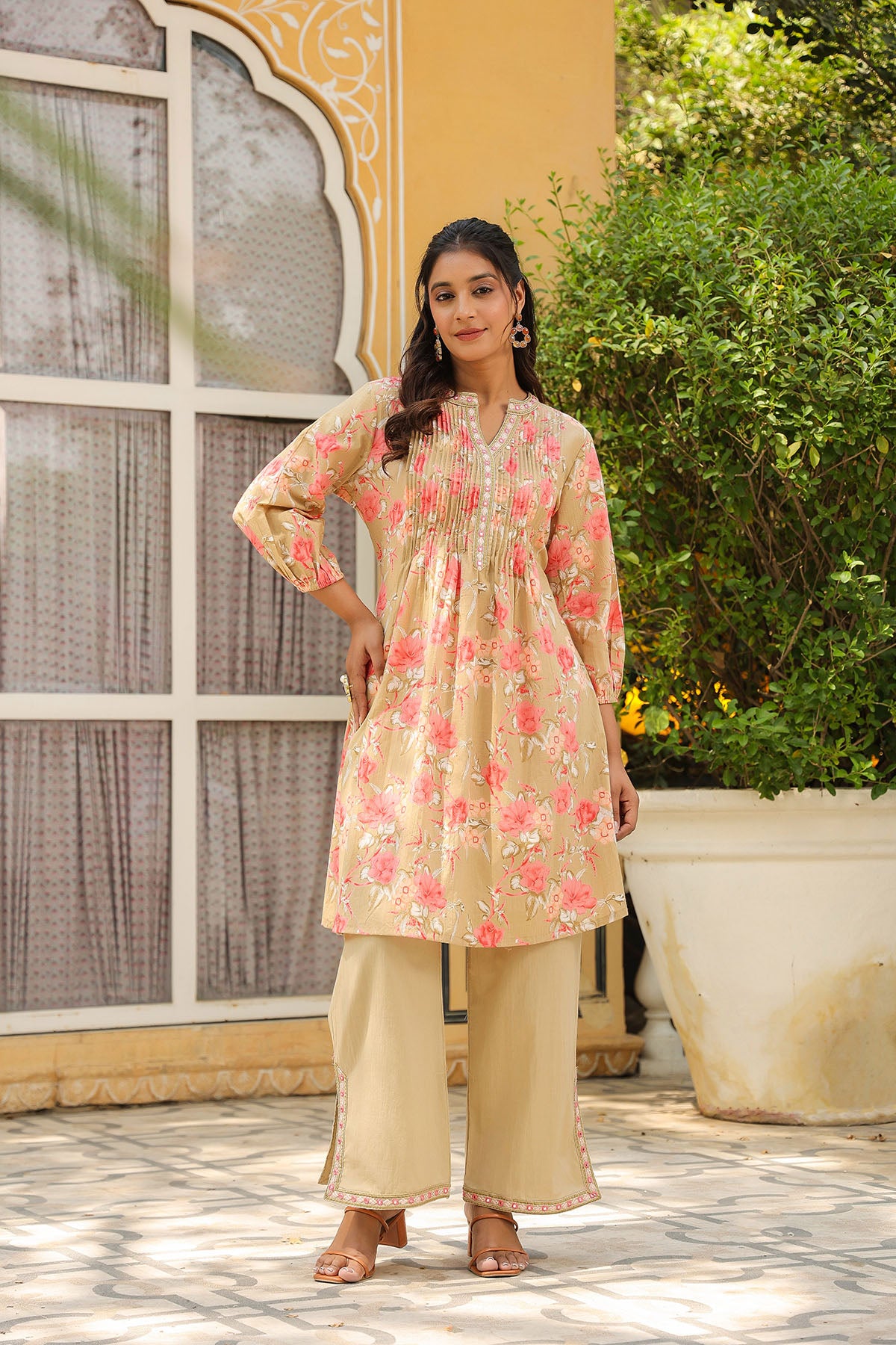 Beige Floral Cotton Co-Ord Set