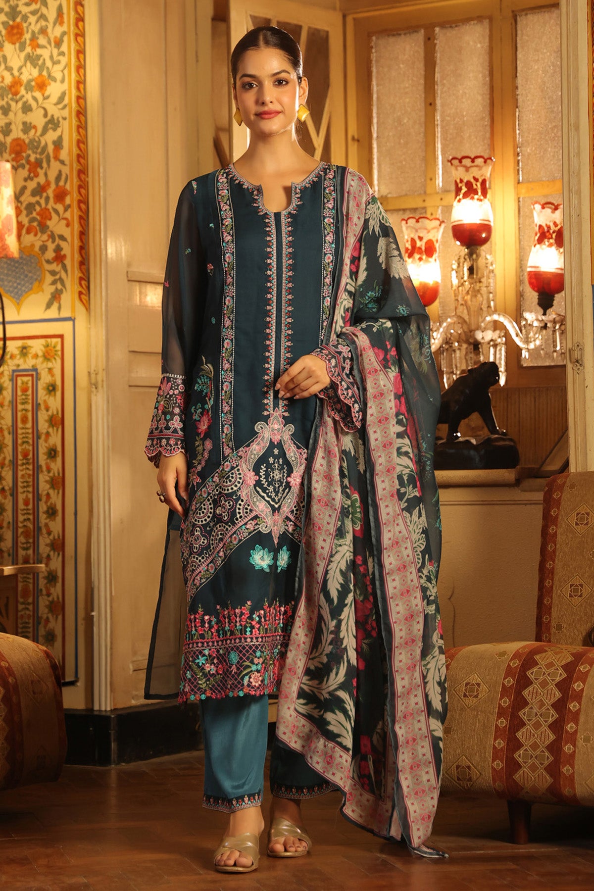 Teal Blue Organza Embroidered Straight Suit Set With Dupatta