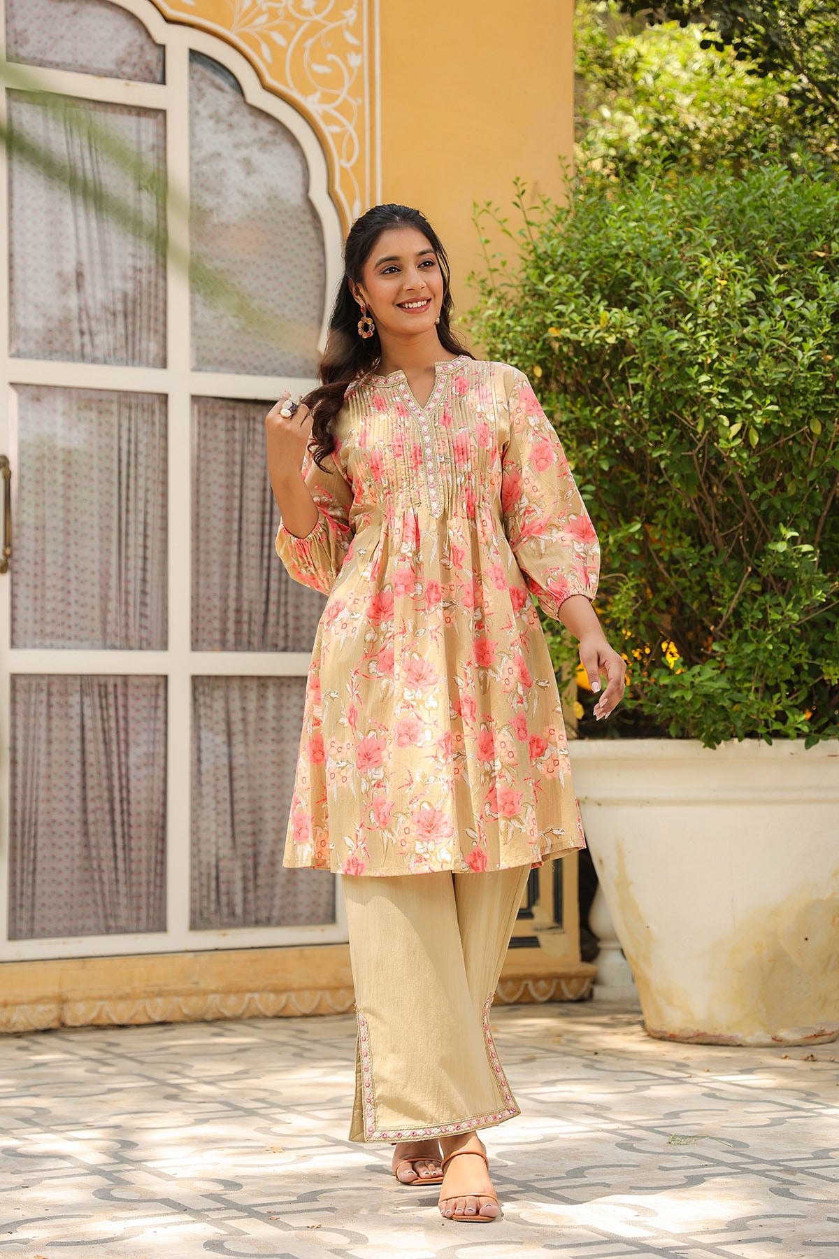 Beige Floral Cotton Co-Ord Set