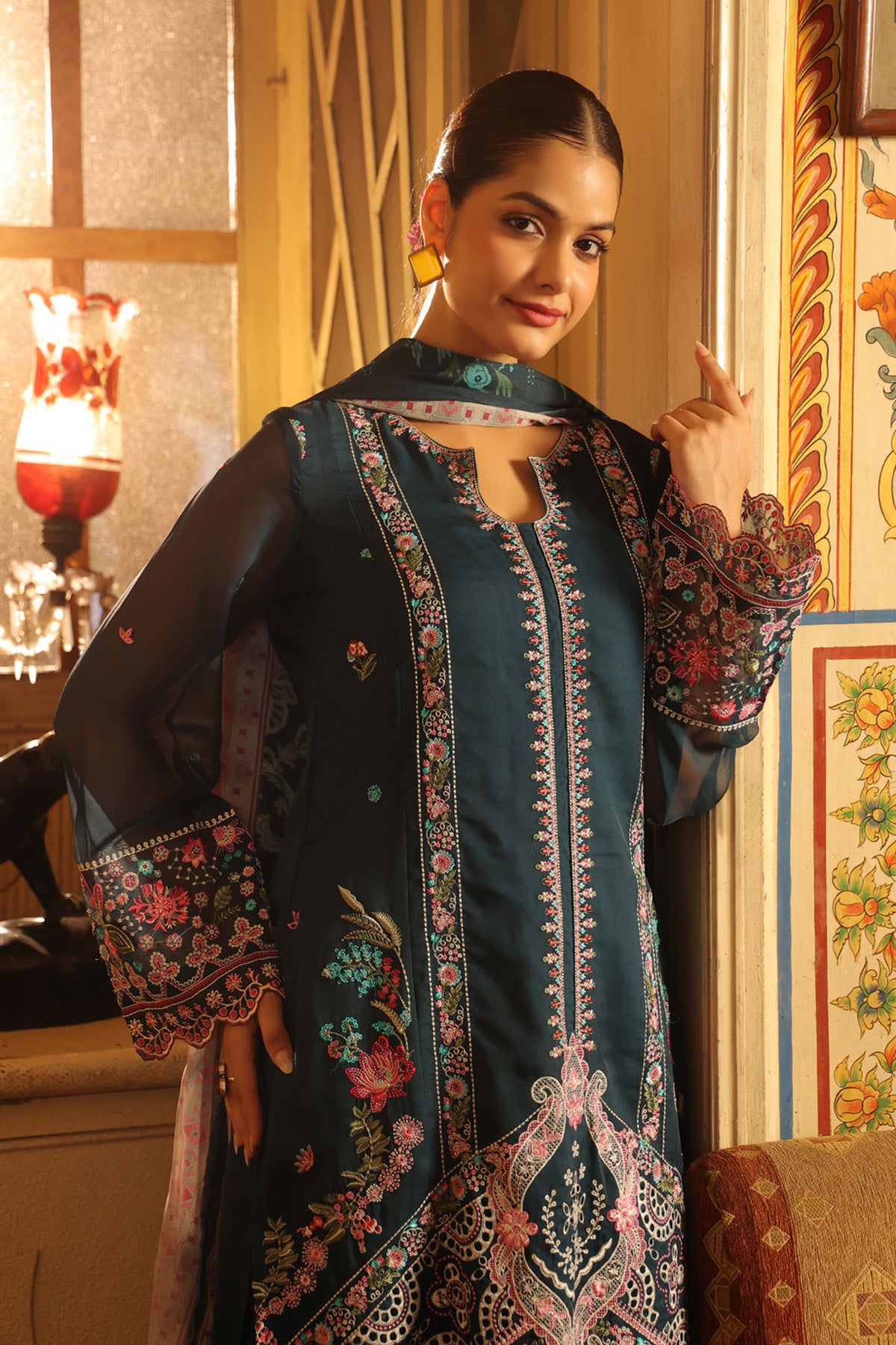Teal Blue Organza Embroidered Straight Suit Set With Dupatta