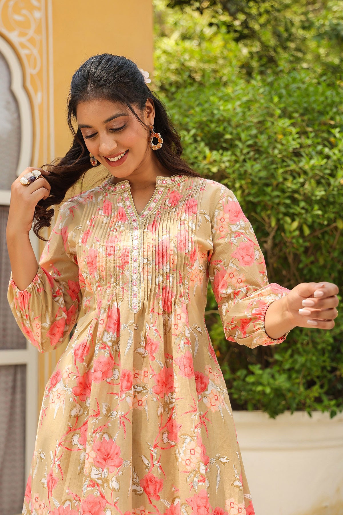 Beige Floral Cotton Co-Ord Set