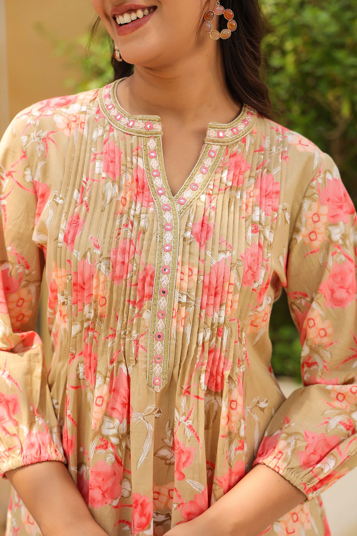 Beige Floral Cotton Co-Ord Set