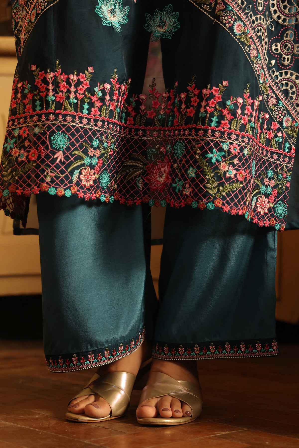 Teal Blue Organza Embroidered Straight Suit Set With Dupatta