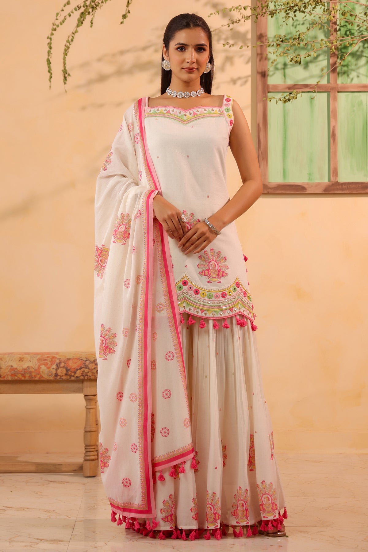 White Cotton Embroidered Sharara