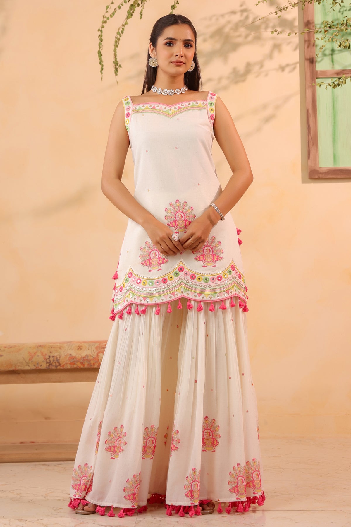 White Cotton Embroidered Sharara