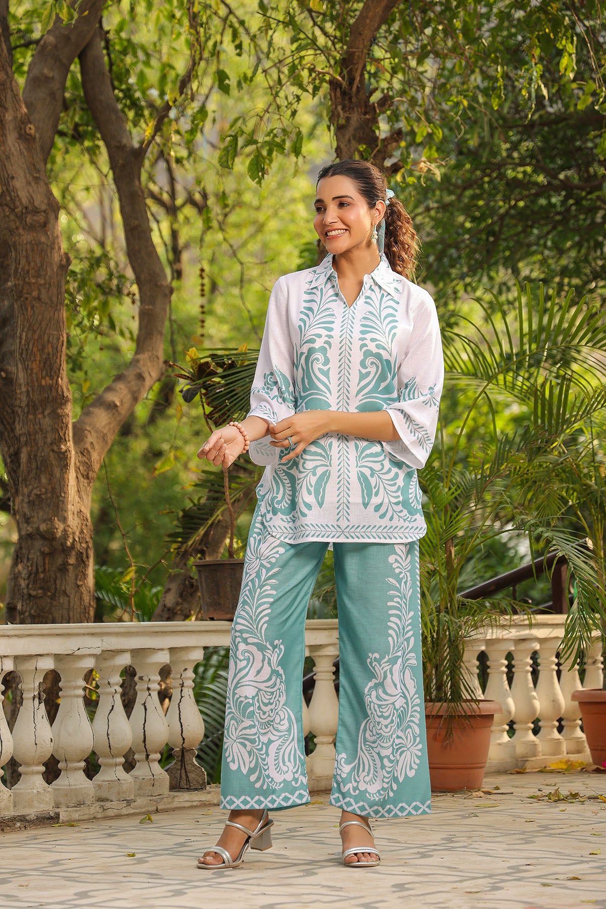 Green Linen Printed Co-Ord Set
