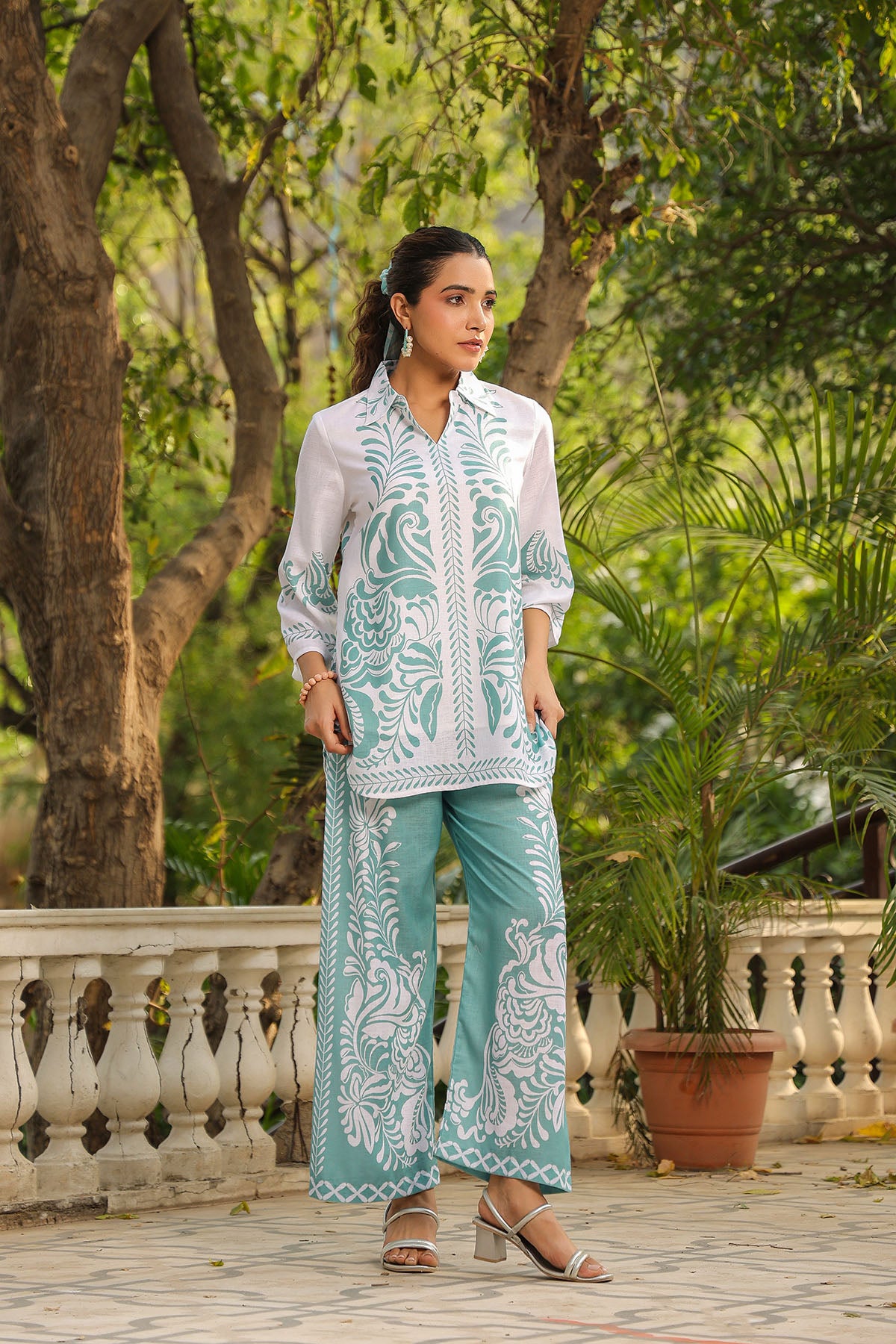 Green Linen Printed Co-Ord Set