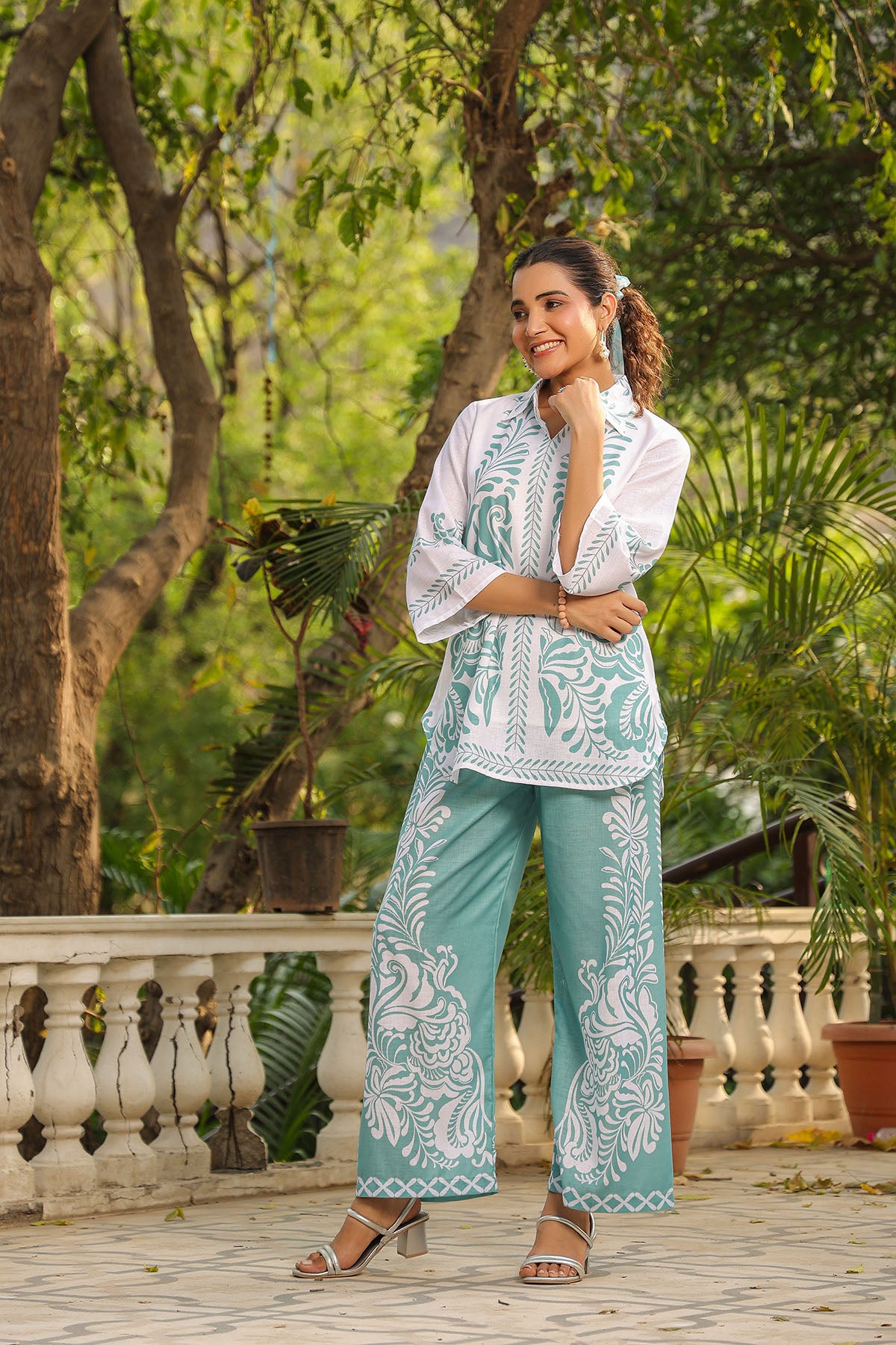 Green Linen Printed Co-Ord Set